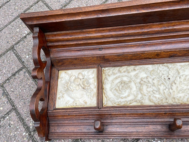 Arts and Crafts Era Coat Rack with Detailed and Deeply Carved Alabaster