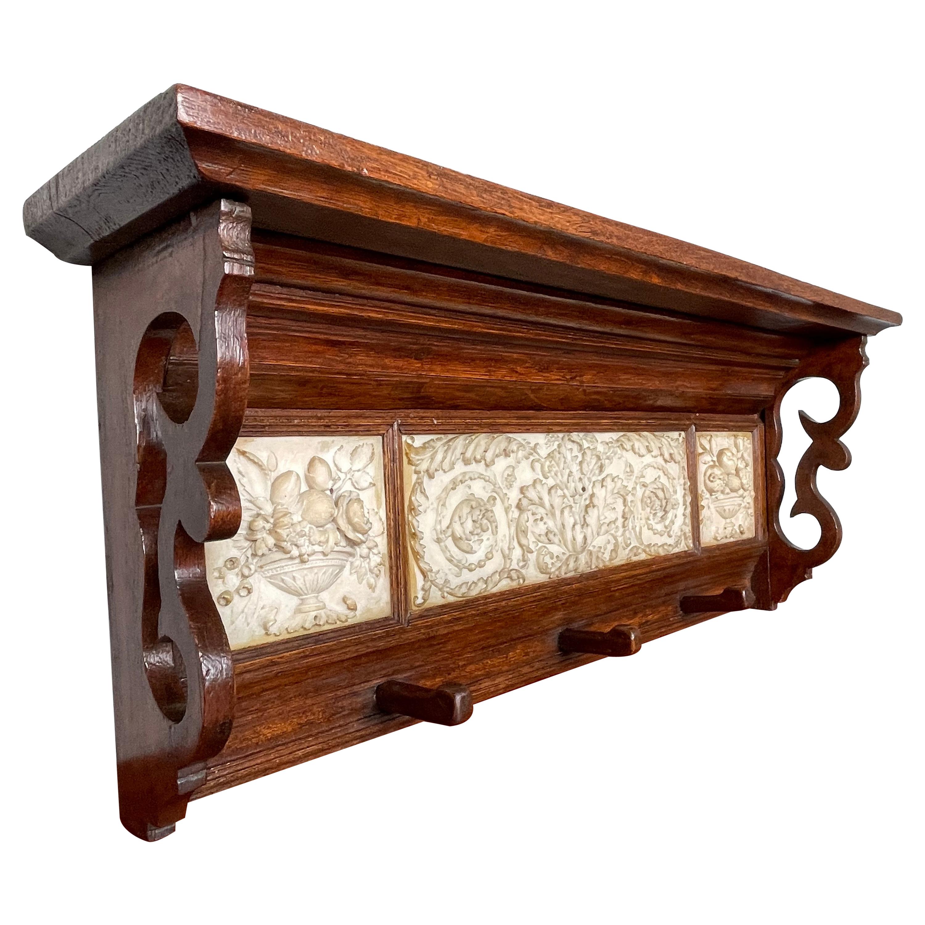 Arts and Crafts Era Coat Rack with Detailed and Deeply Carved Alabaster Tiles