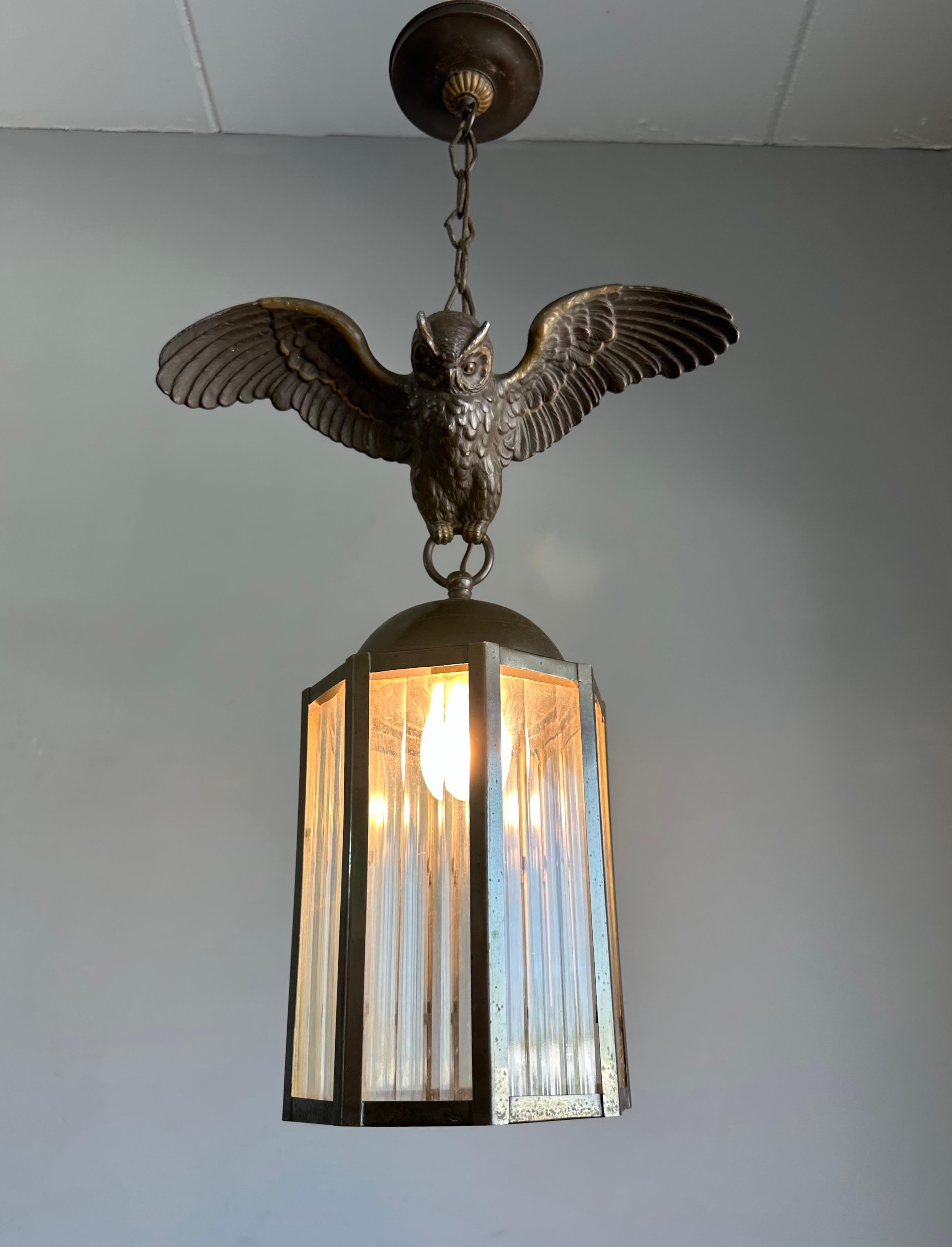 Arts and Crafts Era Flying Owl Sculpture Pendant Light or Lantern with Cut Glass For Sale 4