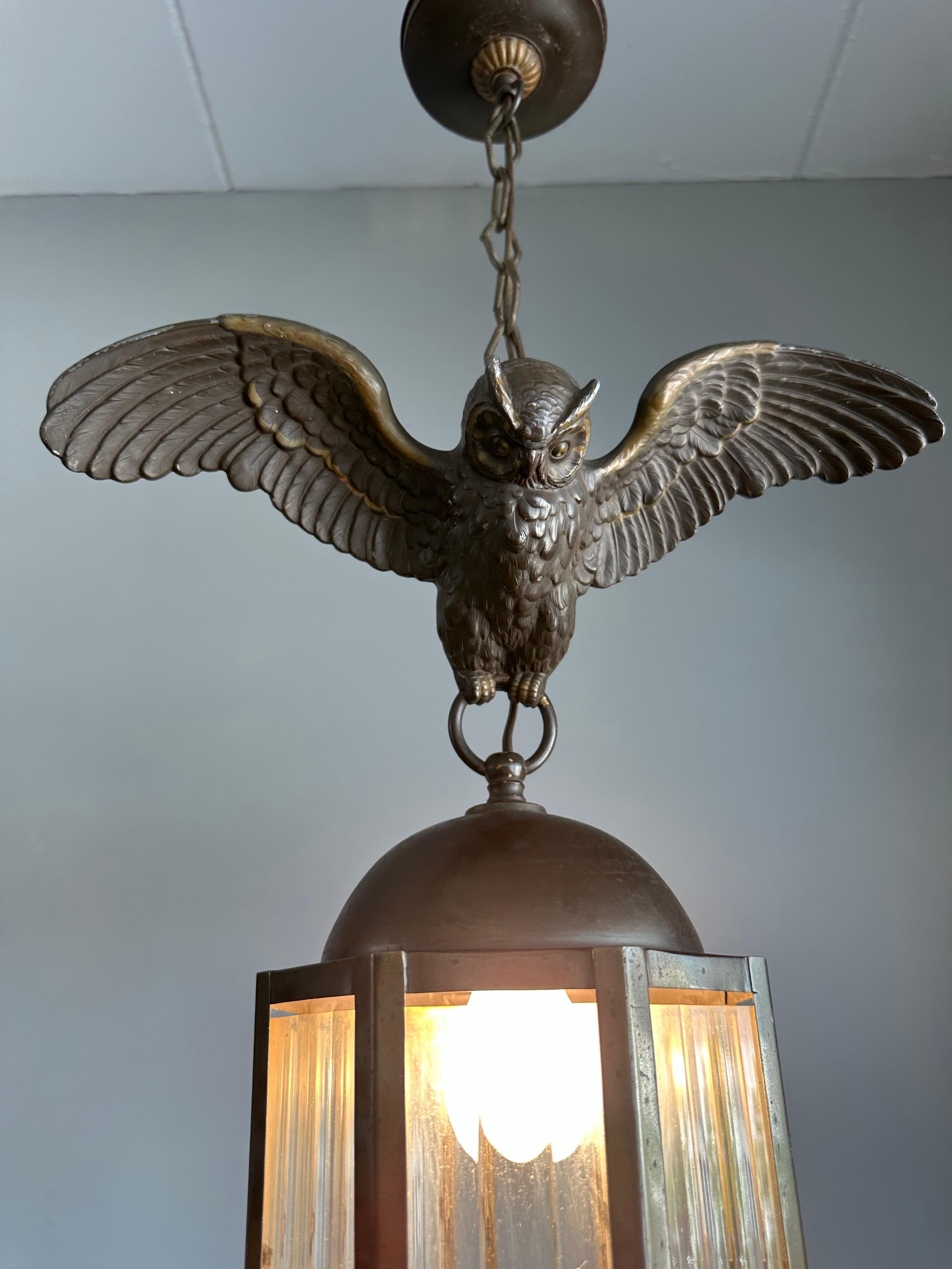 Arts and Crafts Era Flying Owl Sculpture Pendant Light or Lantern with Cut Glass For Sale 5