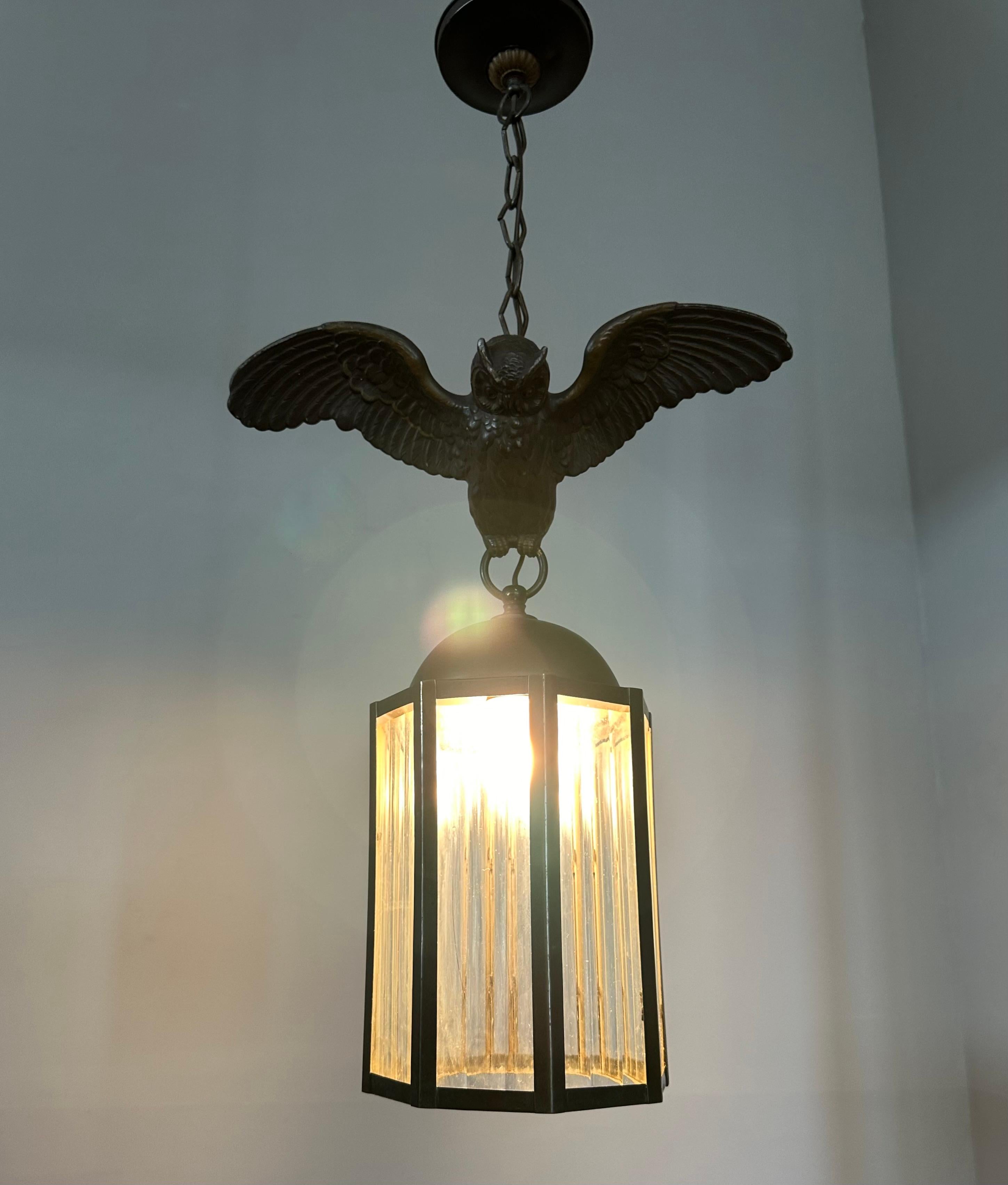 Arts and Crafts Era Flying Owl Sculpture Pendant Light or Lantern with Cut Glass For Sale 7