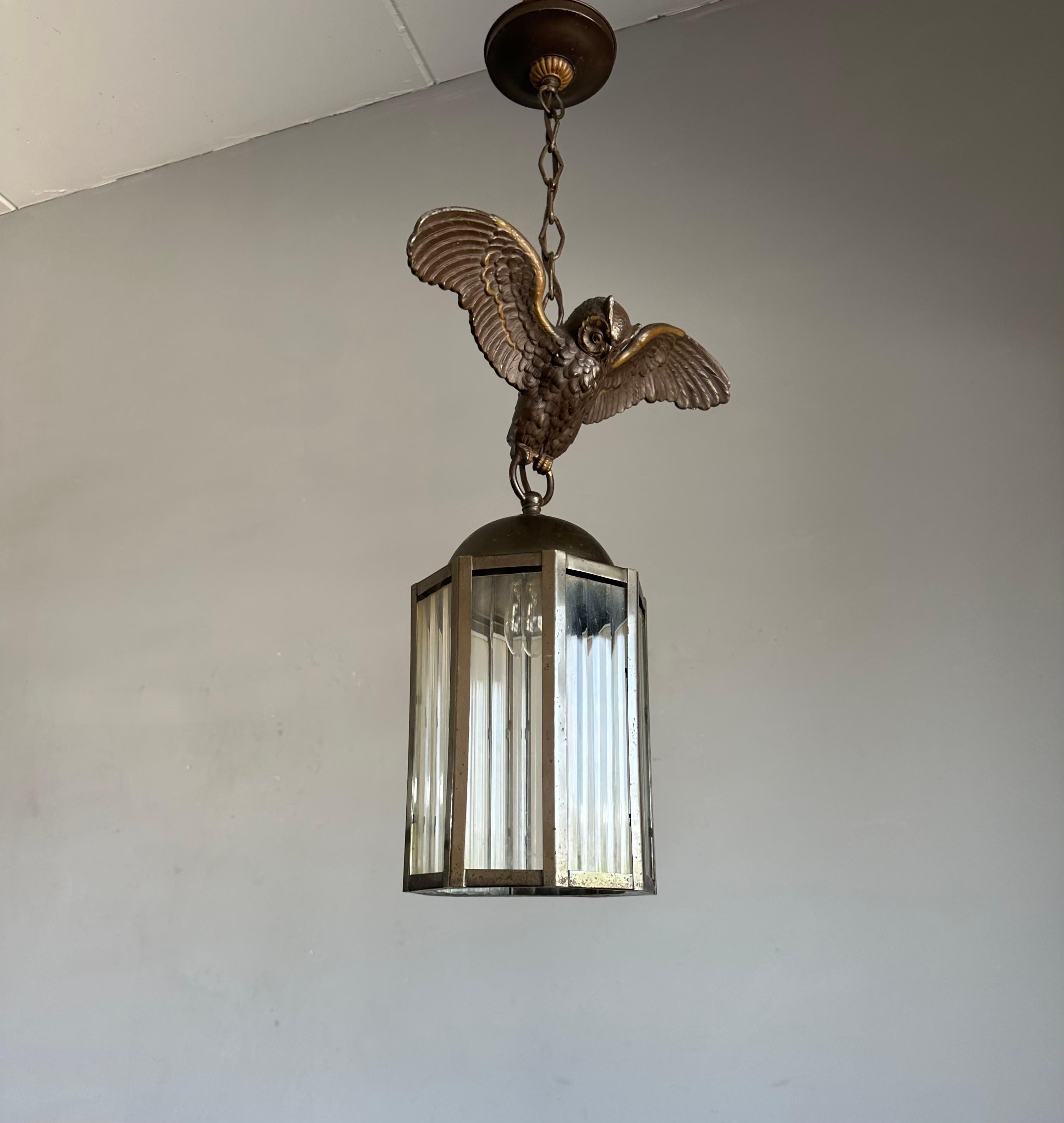 Arts and Crafts Era Flying Owl Sculpture Pendant Light or Lantern with Cut Glass For Sale 12