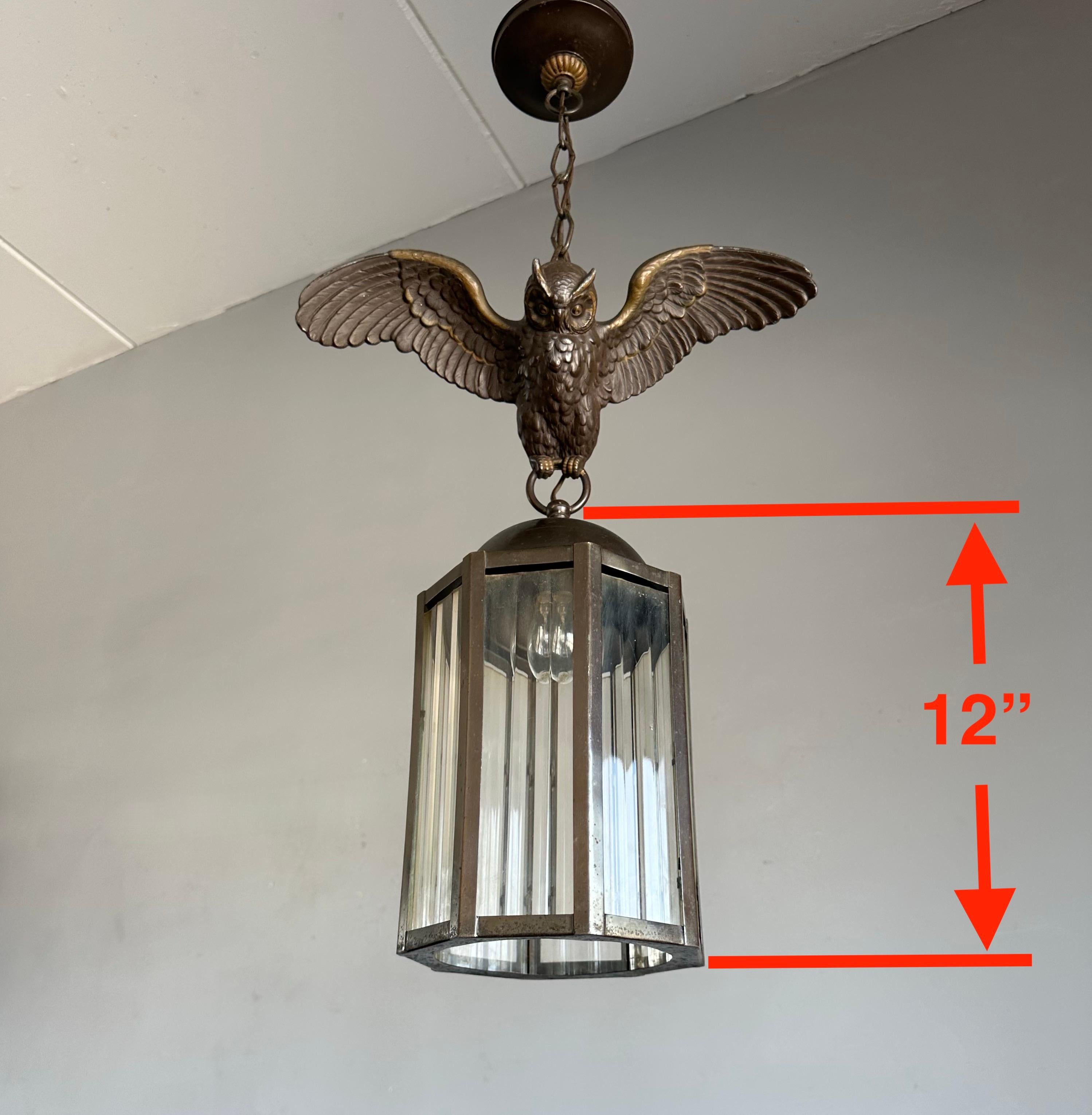 Rare and beautifully handcrafted, flying owl holing a lantern light fixture.

This beautifully executed and sculptural light fixture will look great at home, but it can also create the perfect atmosphere in a library or other building where gaining