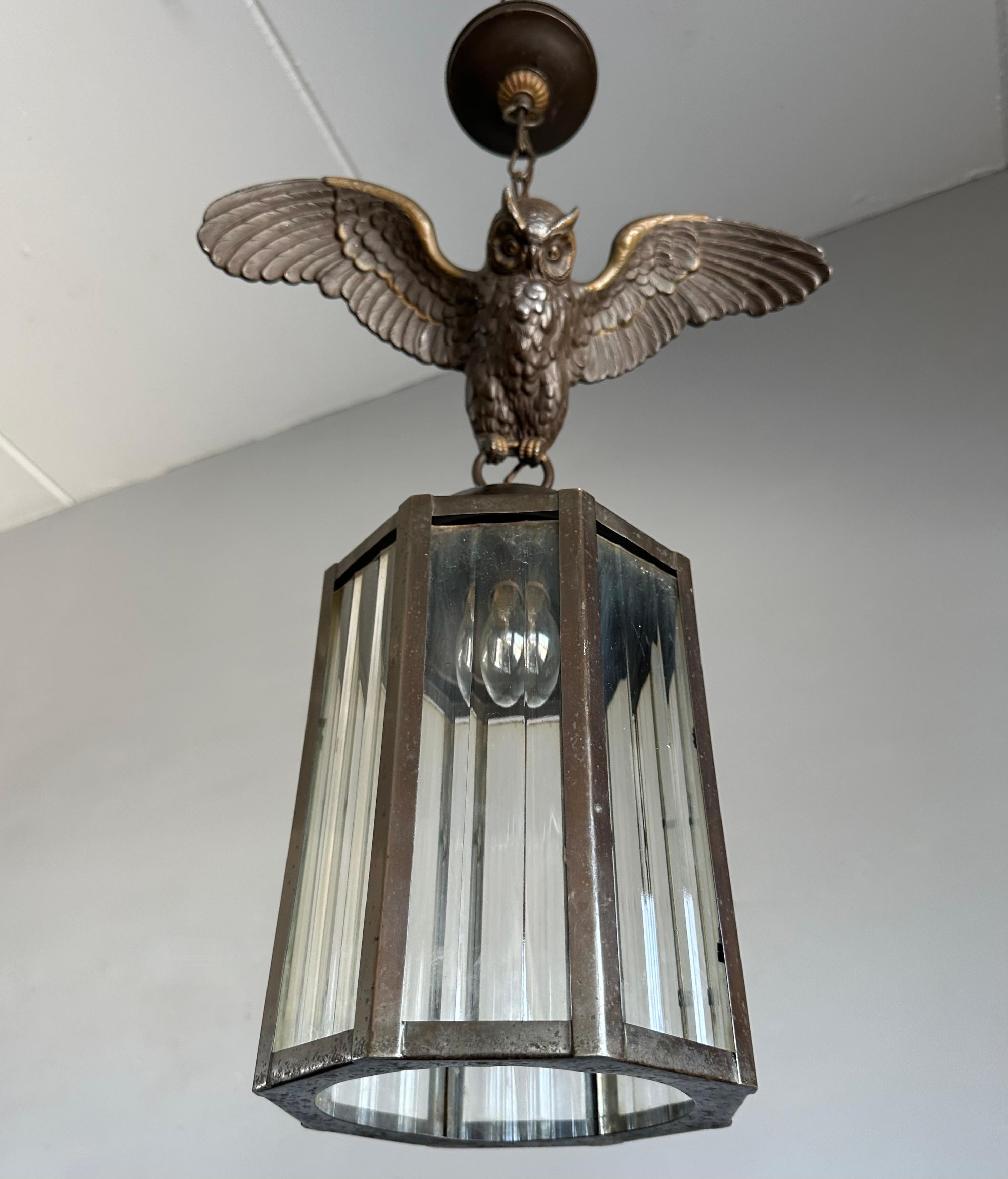 European Arts and Crafts Era Flying Owl Sculpture Pendant Light or Lantern with Cut Glass For Sale