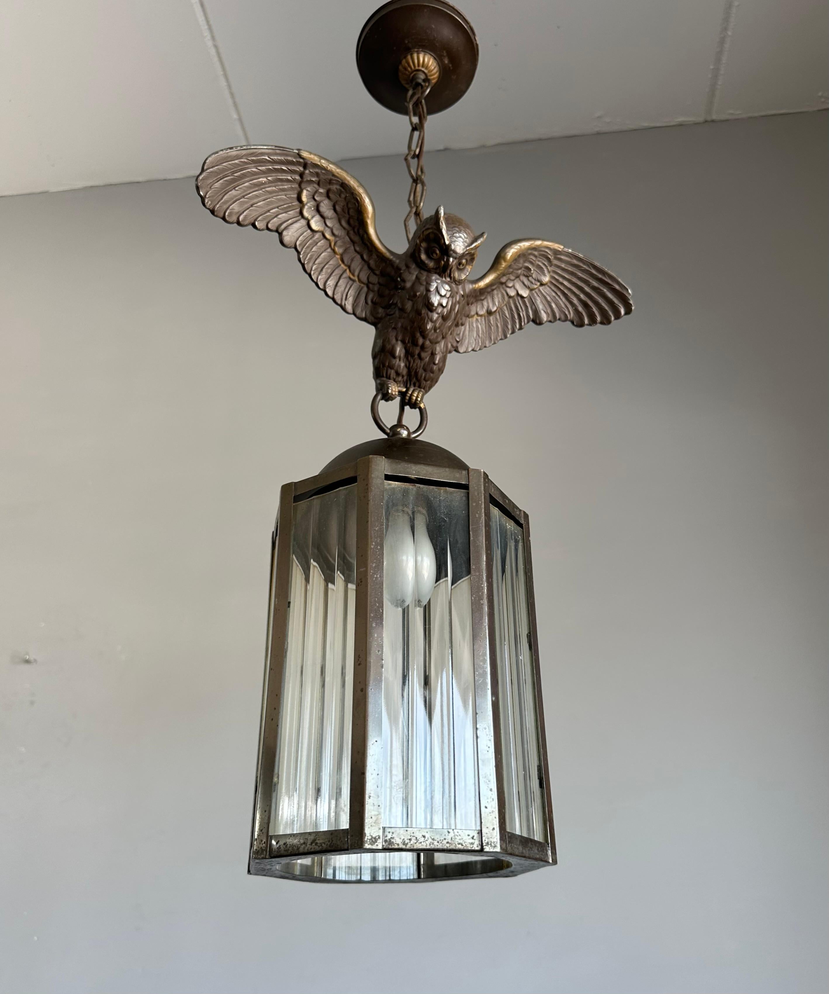 Cast Arts and Crafts Era Flying Owl Sculpture Pendant Light or Lantern with Cut Glass For Sale