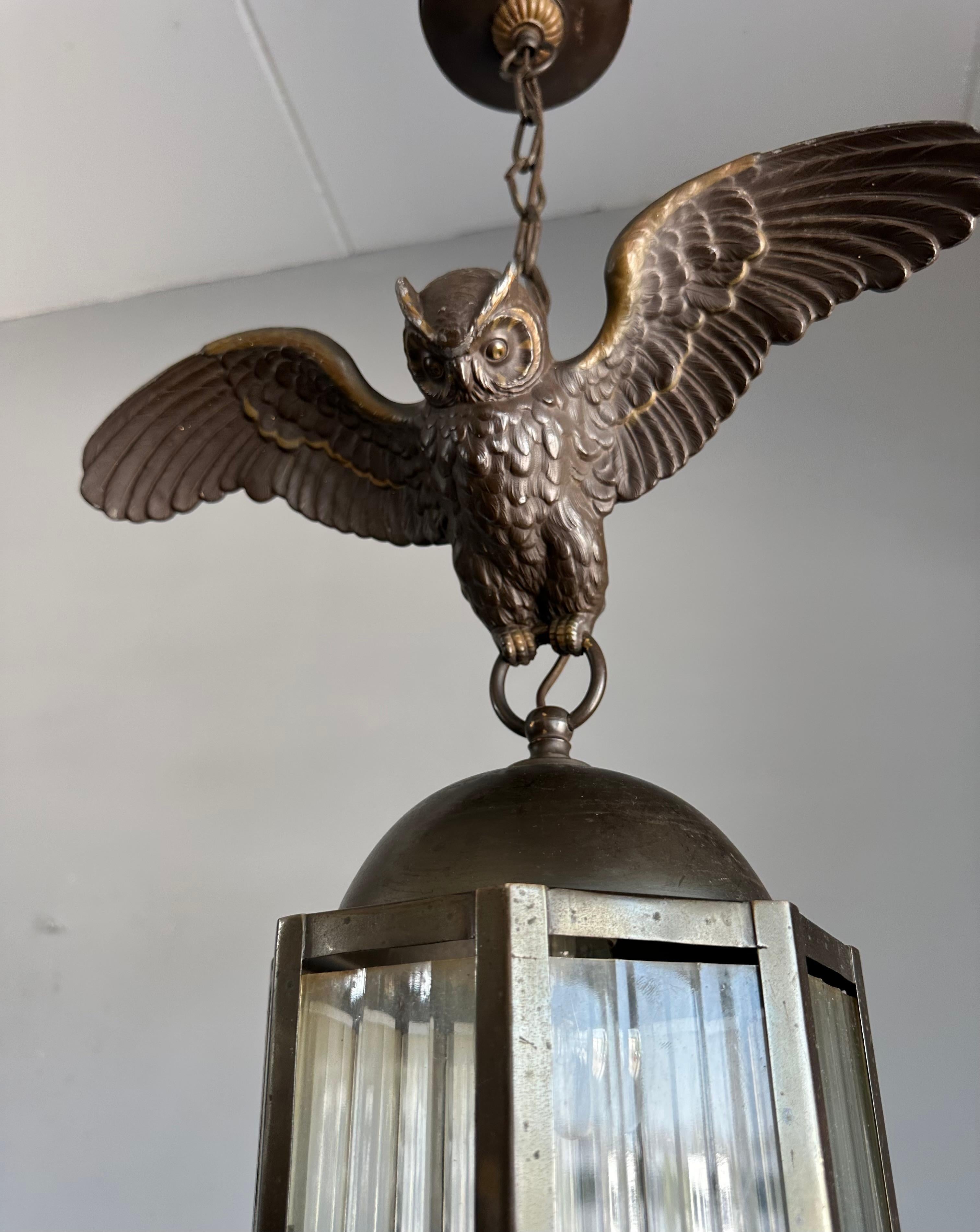 Arts and Crafts Era Flying Owl Sculpture Pendant Light or Lantern with Cut Glass In Good Condition For Sale In Lisse, NL