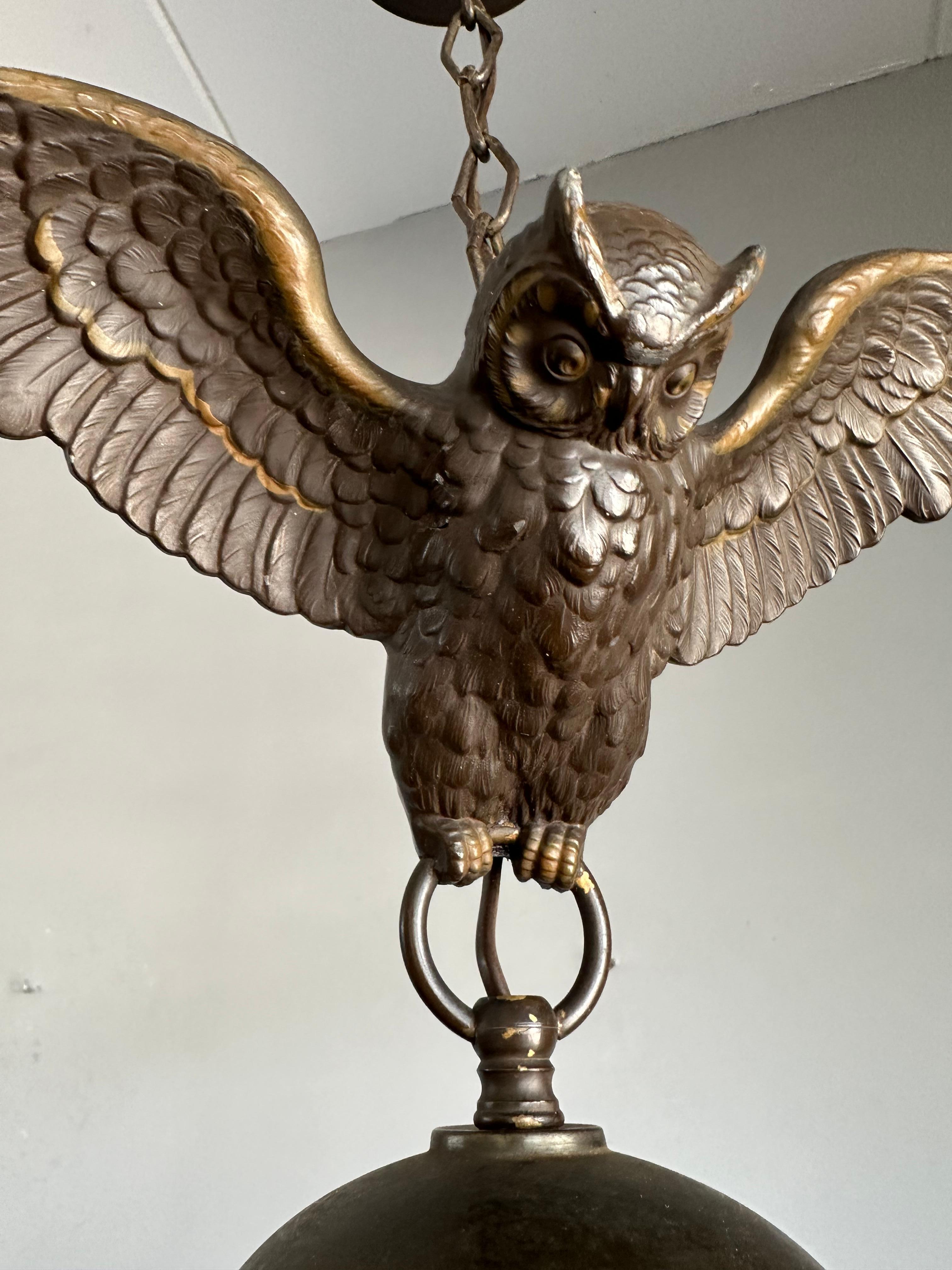 Arts and Crafts Era Flying Owl Sculpture Pendant Light or Lantern with Cut Glass For Sale 1