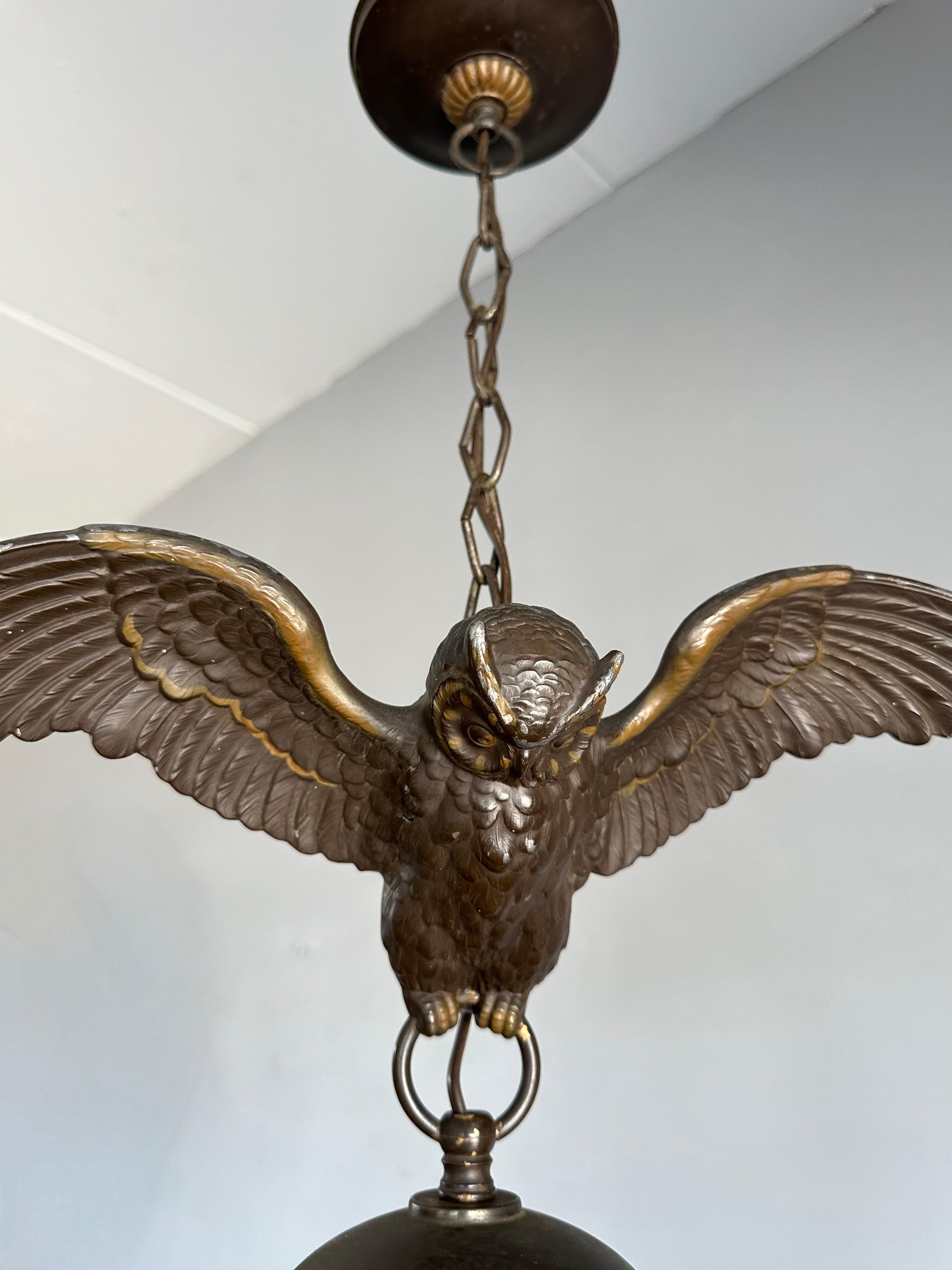 Arts and Crafts Era Flying Owl Sculpture Pendant Light or Lantern with Cut Glass For Sale 2
