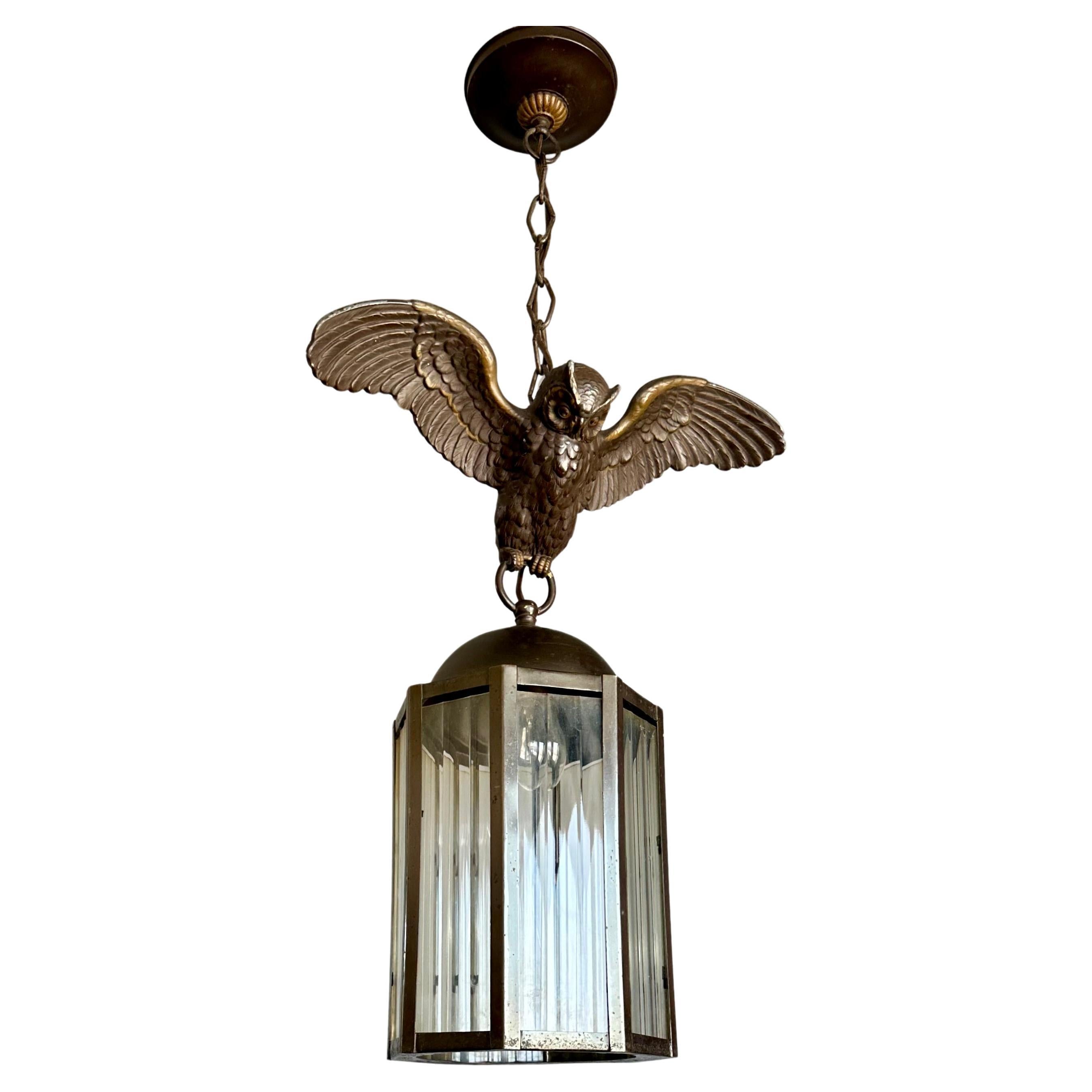 Arts and Crafts Era Flying Owl Sculpture Pendant Light or Lantern with Cut Glass