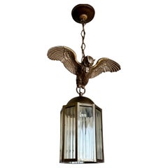 Antique Arts and Crafts Era Flying Owl Sculpture Pendant Light or Lantern with Art Glass