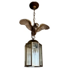 Arts and Crafts Era Flying Owl Sculpture Pendant Light or Lantern with Cut Glass