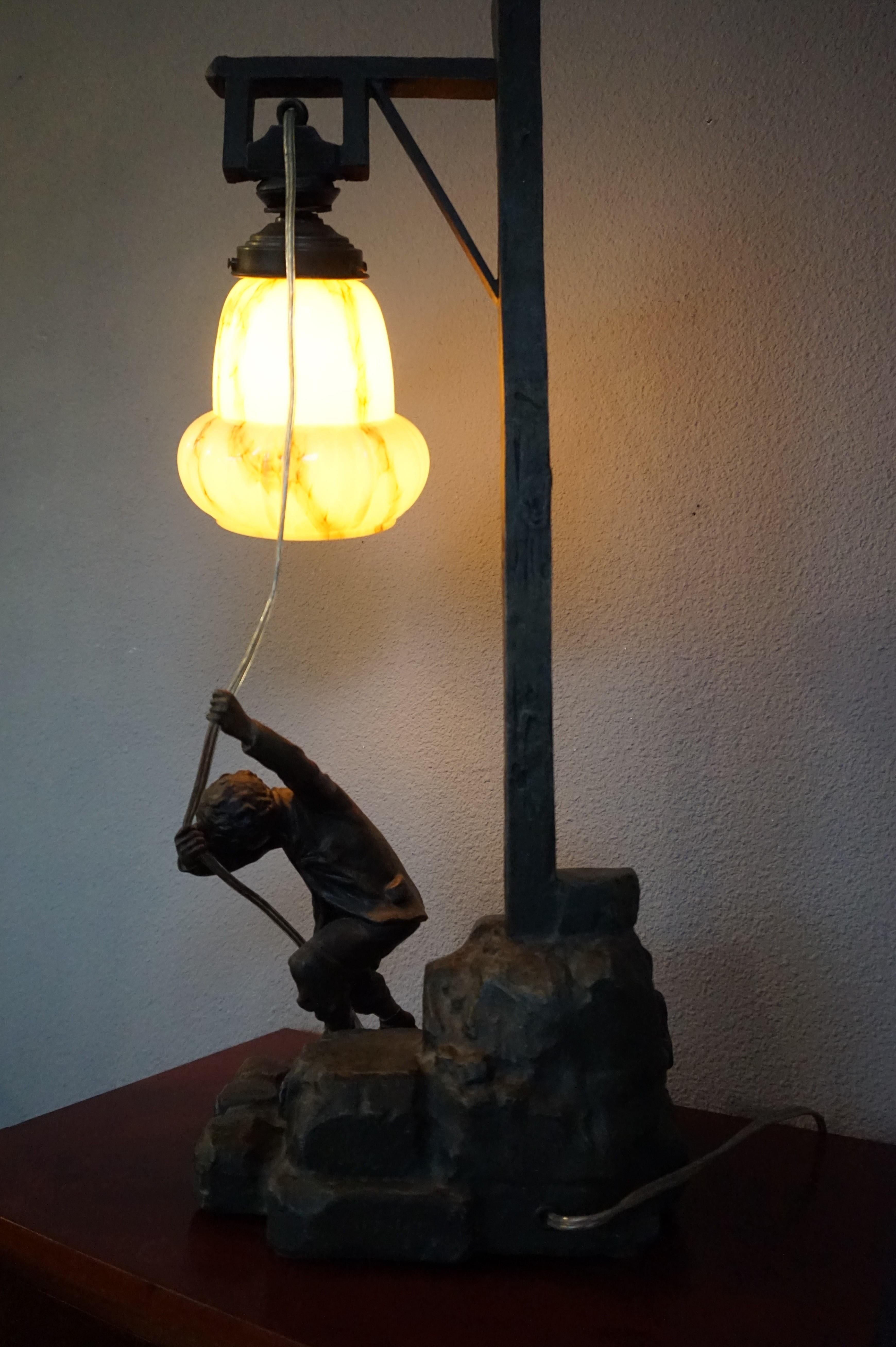 Arts & Crafts Era Young Man Ringing the Town Bell Sculpture Table or Desk Lamp For Sale 4