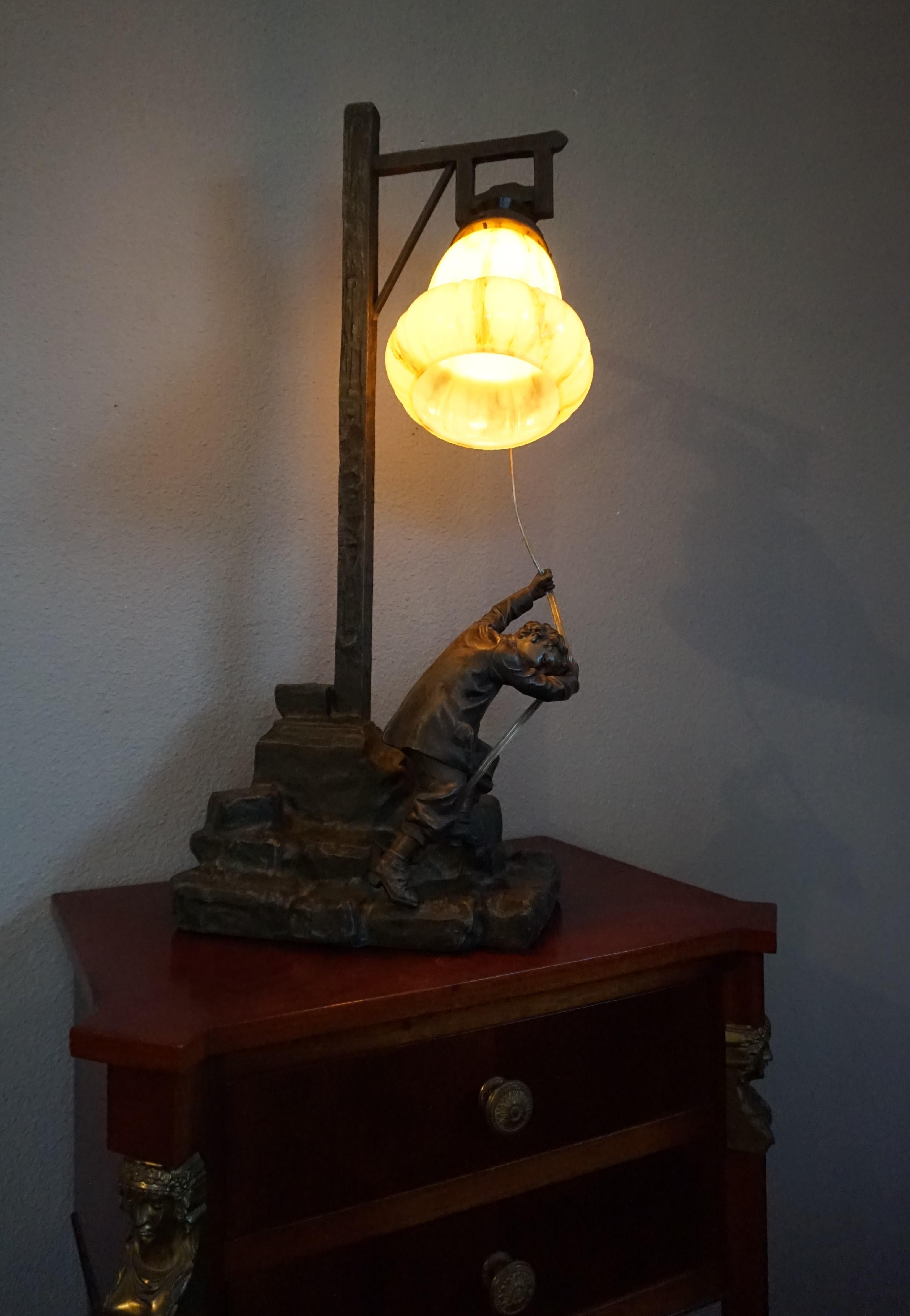 Arts & Crafts Era Young Man Ringing the Town Bell Sculpture Table or Desk Lamp For Sale 8