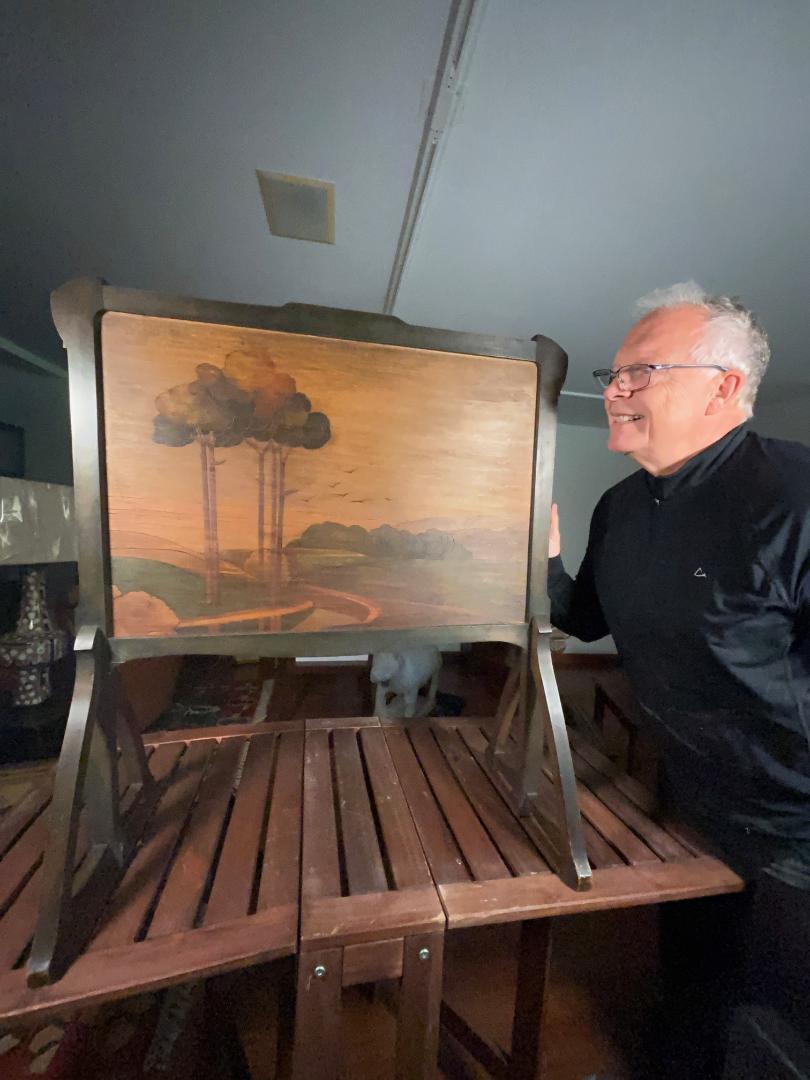 From an important thirty year old New England collection of American Folk Art Pyrography

Arthur Grinnell Fire Screen (1854-1924)

This original circa 1910 fire screen- framed pyrography on green stained poplar wood (used on his boxes and frames) -
