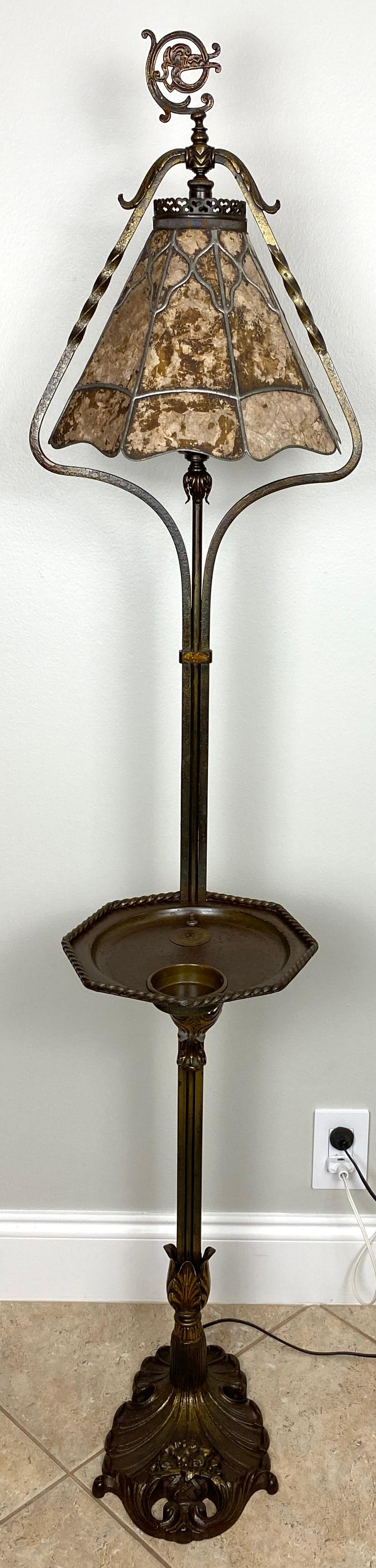 20th Century Arts and Crafts Floor Lamp with Original Mica Shade and Table Top, Crest & Co. For Sale