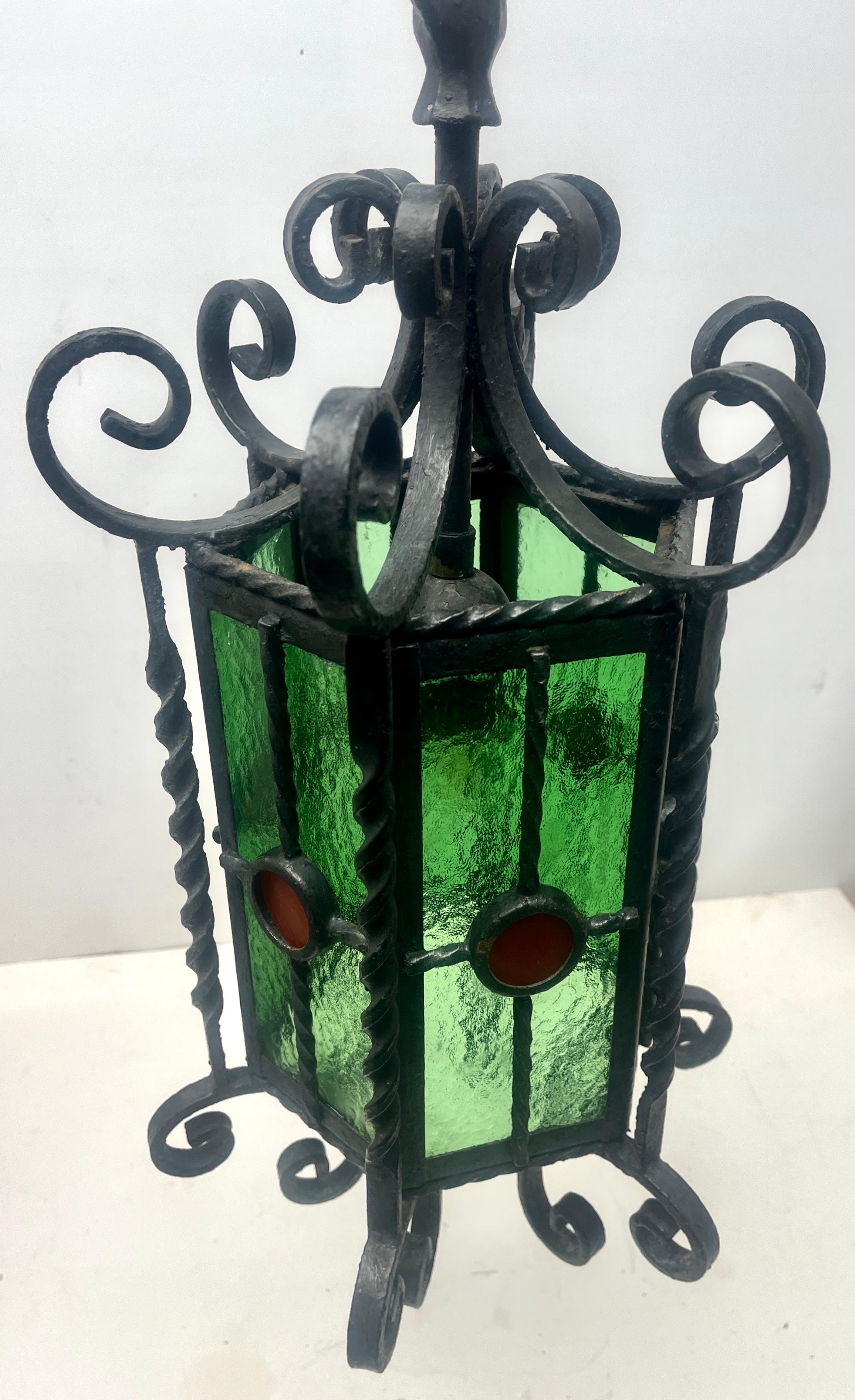 Arts & Crafts Forget and Colored Glass Pendant Lobby Lamp, 1930s For Sale 2