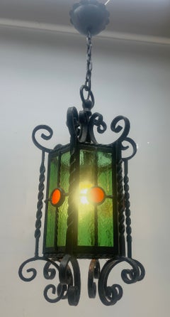Arts & Crafts Forget and Colored Glass Pendant Lobby Lamp, 1930s