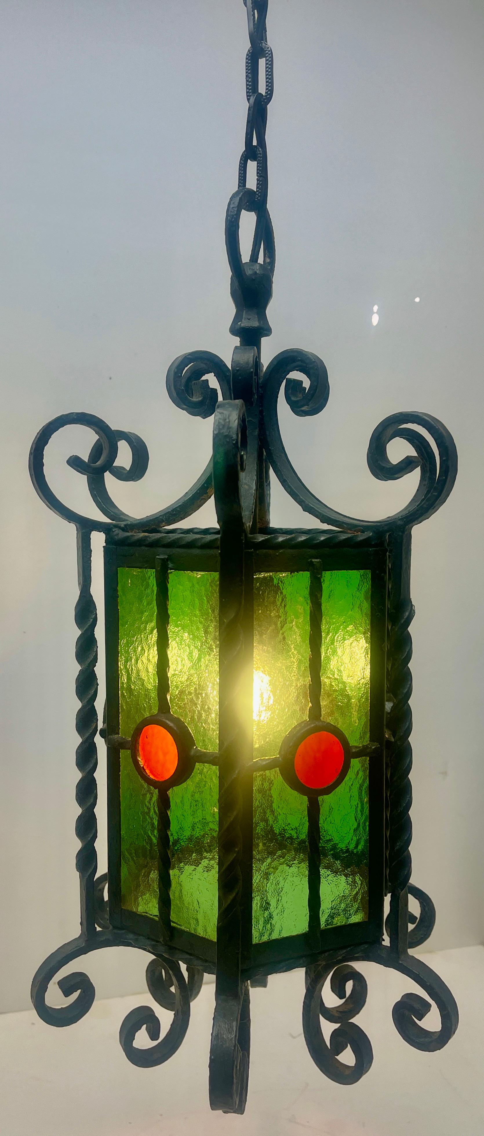 Arts and Crafts Arts & Crafts Forget and Colored Glass Pendant Lobby Lamp, 1930s For Sale
