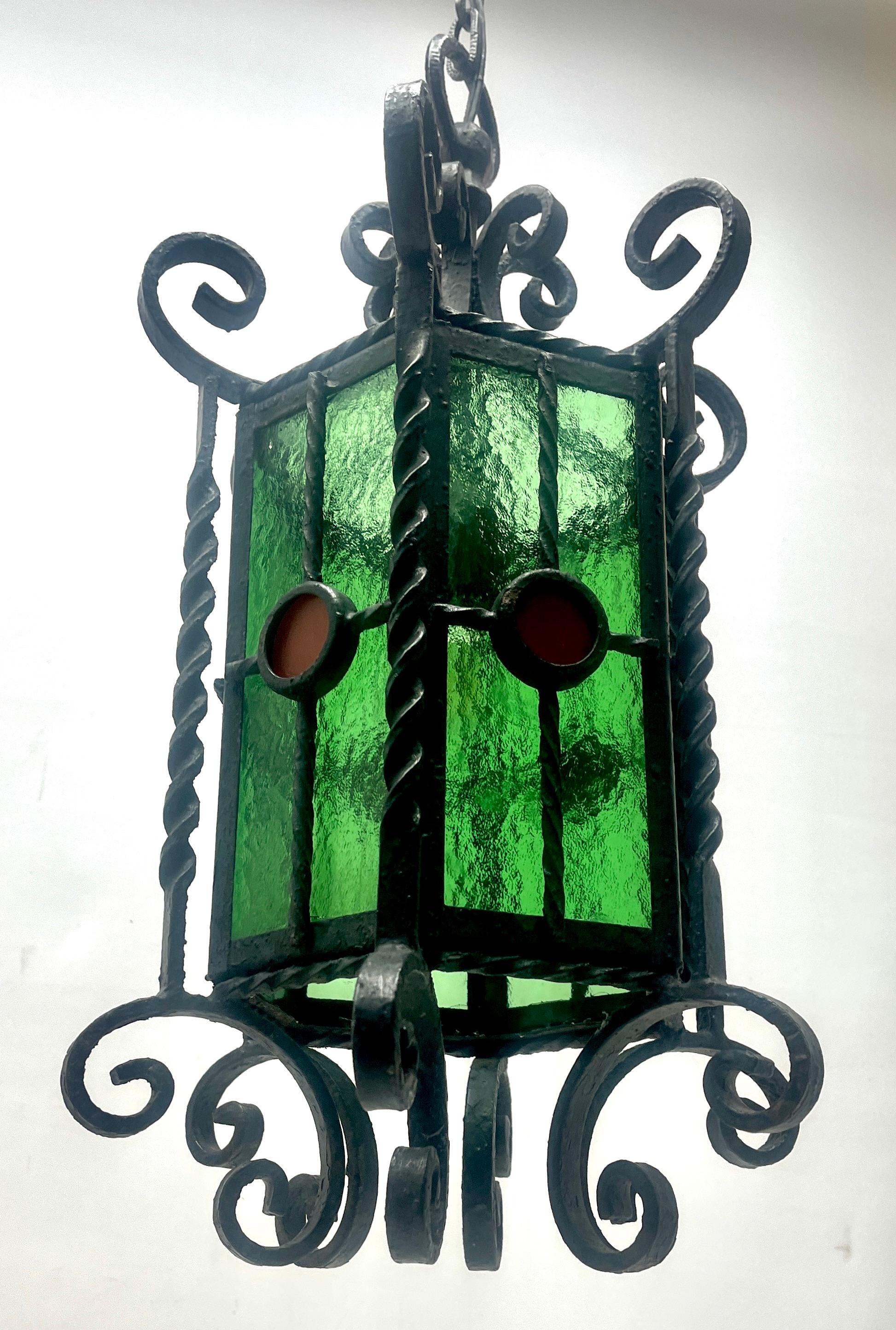 Belgian Arts & Crafts Forget and Colored Glass Pendant Lobby Lamp, 1930s For Sale