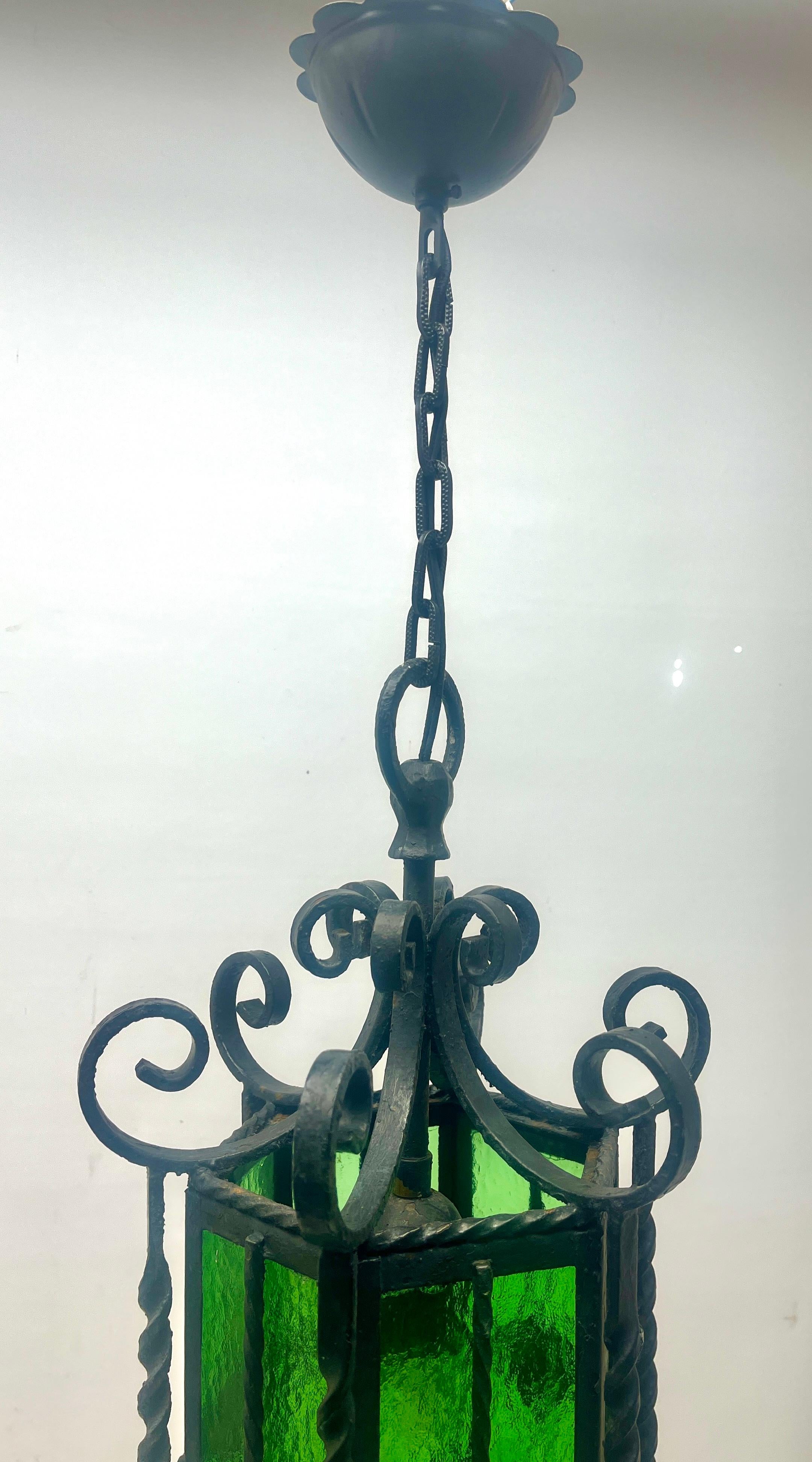 Arts & Crafts Forget and Colored Glass Pendant Lobby Lamp, 1930s In Good Condition For Sale In Verviers, BE