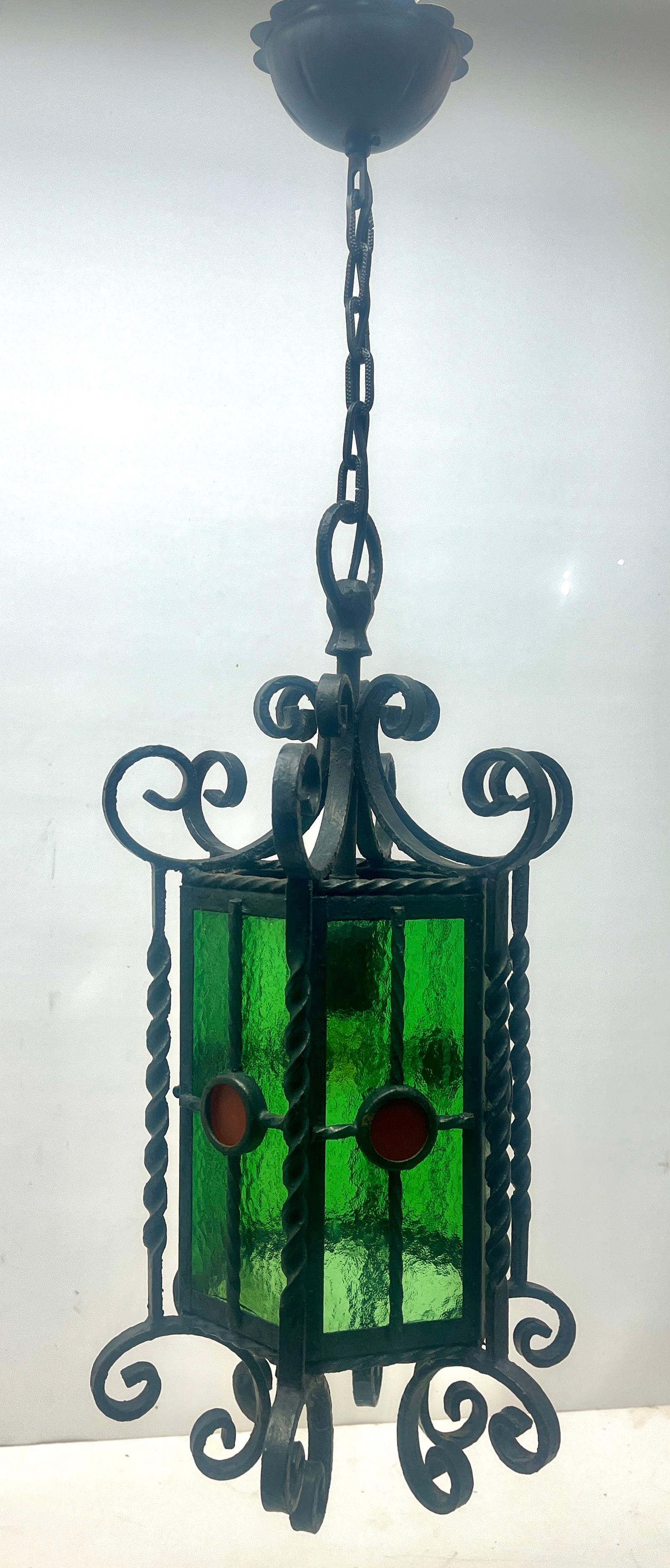 Mid-20th Century Arts & Crafts Forget and Colored Glass Pendant Lobby Lamp, 1930s For Sale