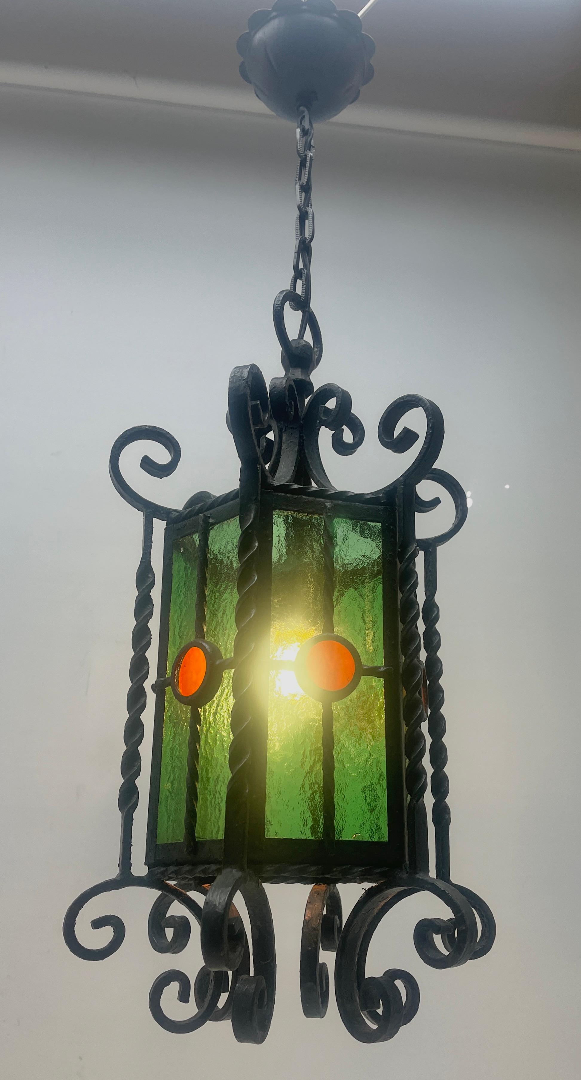 Art Glass Arts & Crafts Forget and Colored Glass Pendant Lobby Lamp, 1930s For Sale
