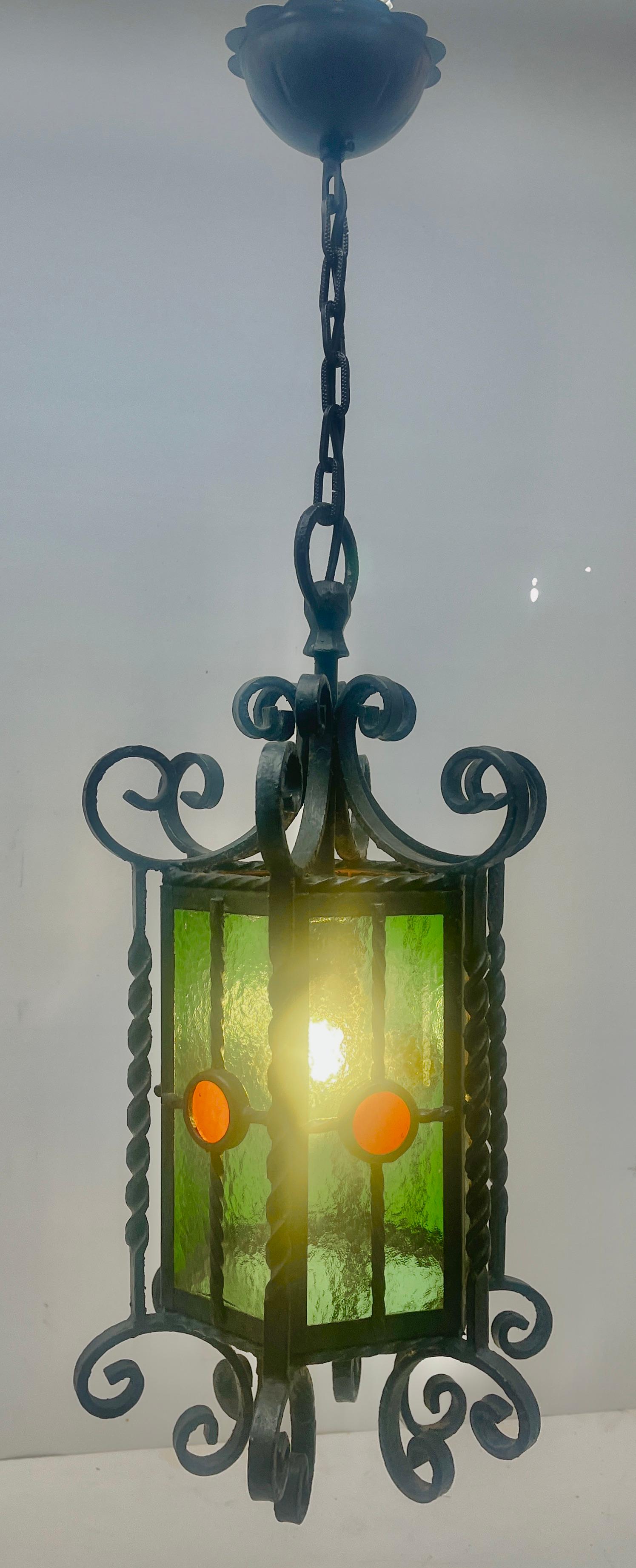 Arts & Crafts Forget and Colored Glass Pendant Lobby Lamp, 1930s For Sale 1