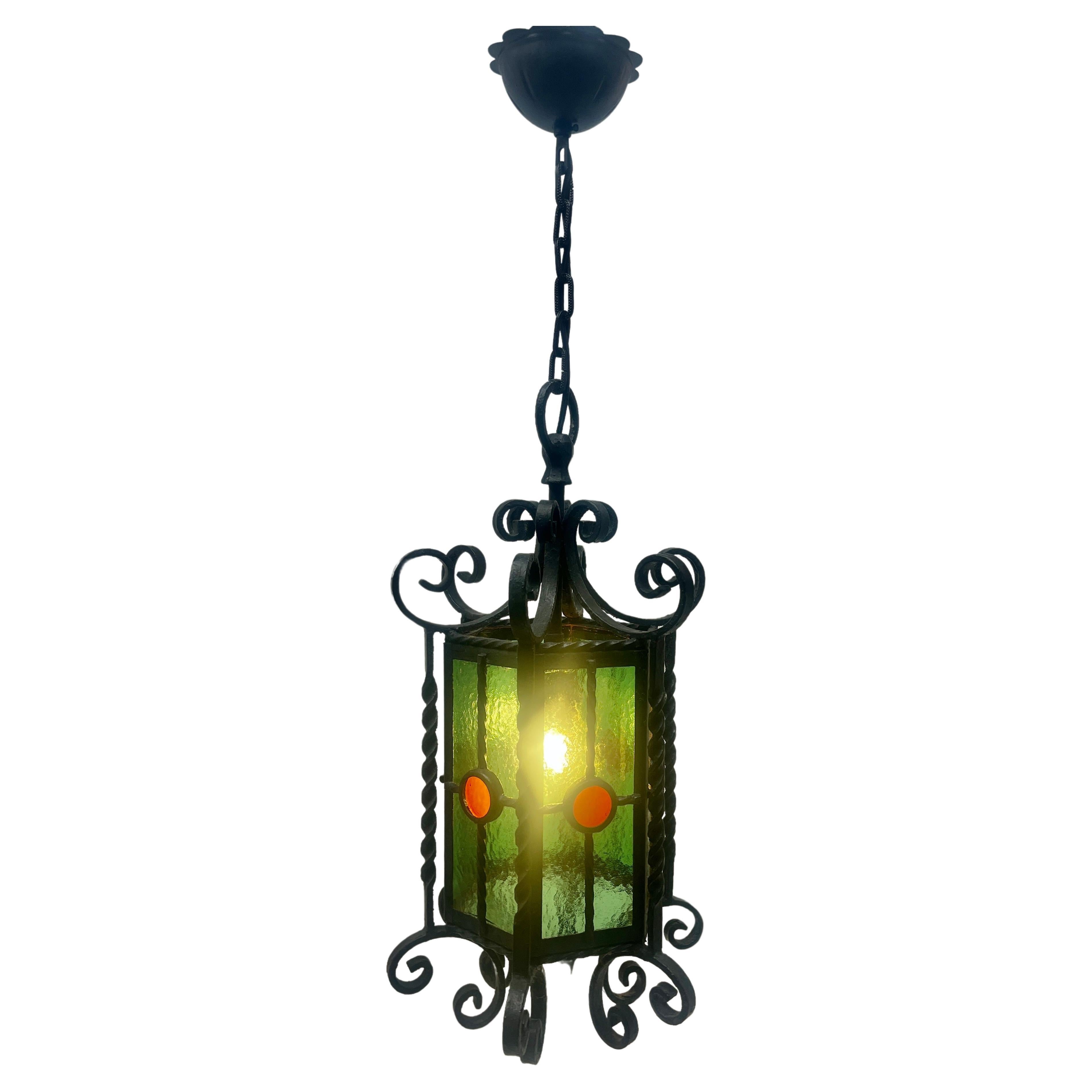 Arts & Crafts Forget and Colored Glass Pendant Lobby Lamp, 1930s For Sale