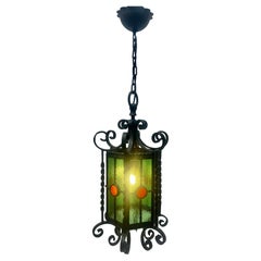 Arts & Crafts Forget and Colored Glass Pendant Lobby Lamp, 1930s