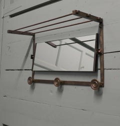 Arts and Crafts French Brass Hall Mirror with Shelf and 3 Coat Hooks