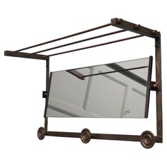 Arts and Crafts French Brass Hall Mirror with Shelf and 3 Coat Hooks