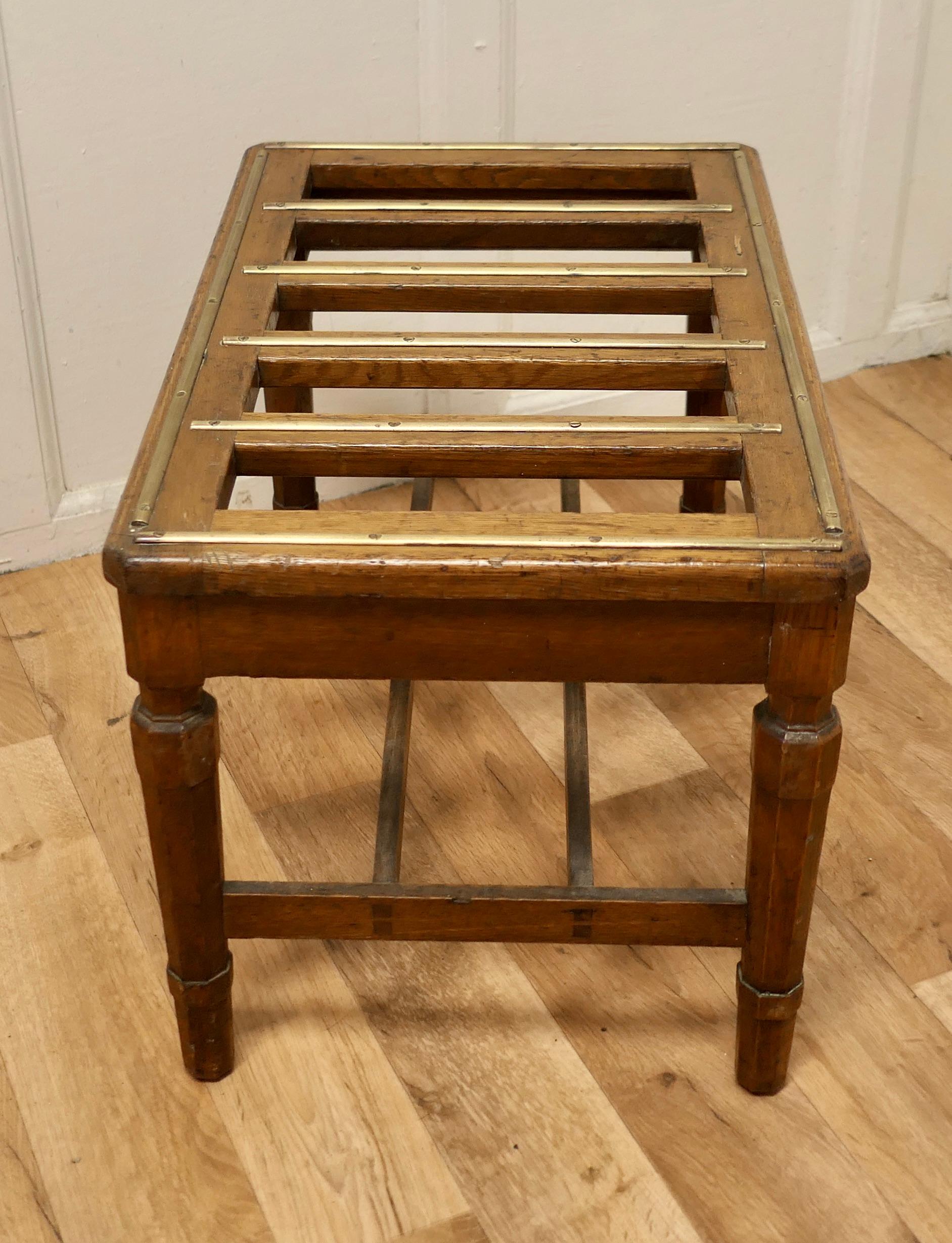 Arts and Crafts Golden Oak and Brass Luggage Rack, Suitcase Stand 1