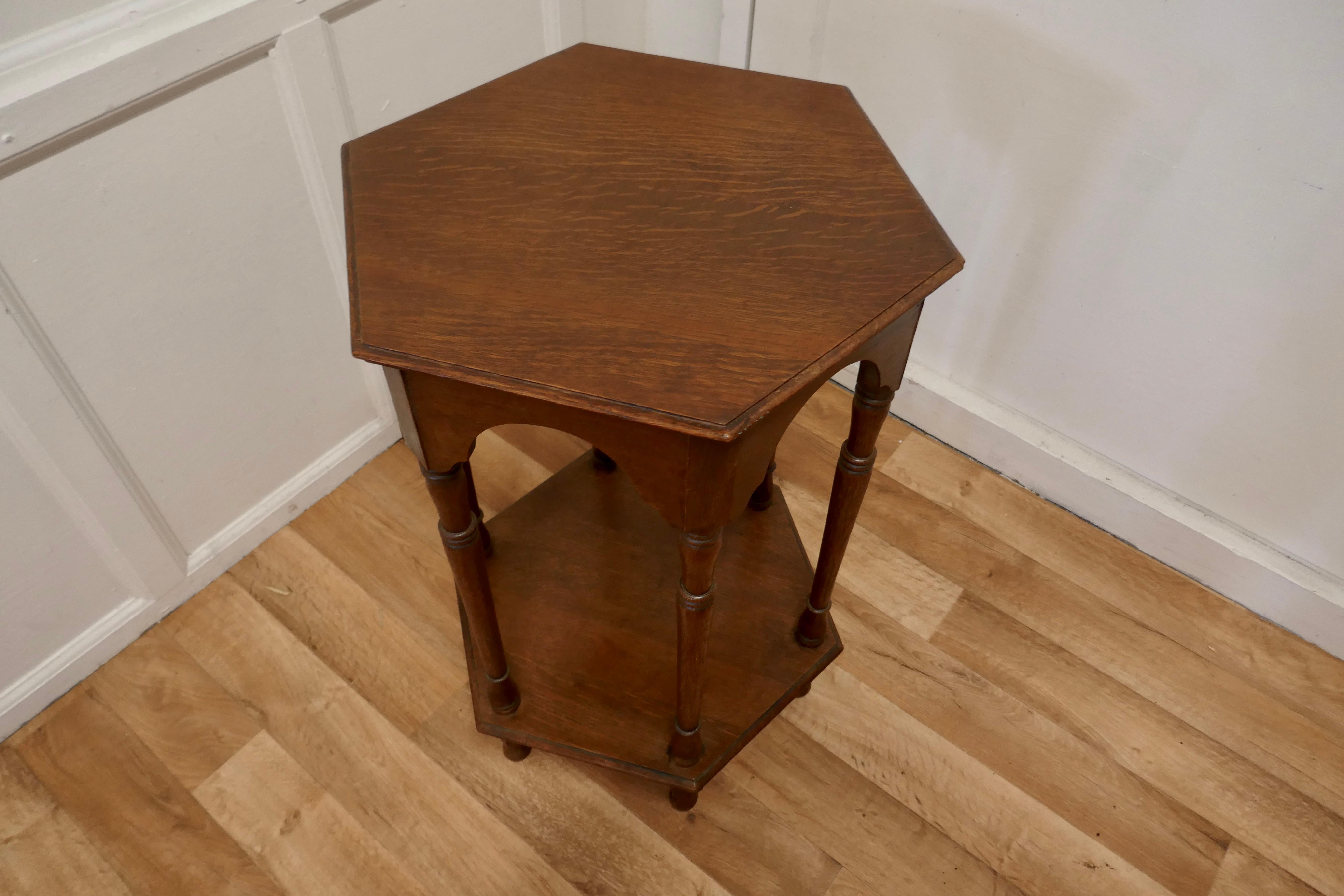 Arts & Crafts golden oak occasional table

This is a pretty and useful piece, the table stands on an undertier supported by turned legs in a tradition Arts and Crafts style 
The table is in good condition it is 29” high, and 18” x 21”in diameter