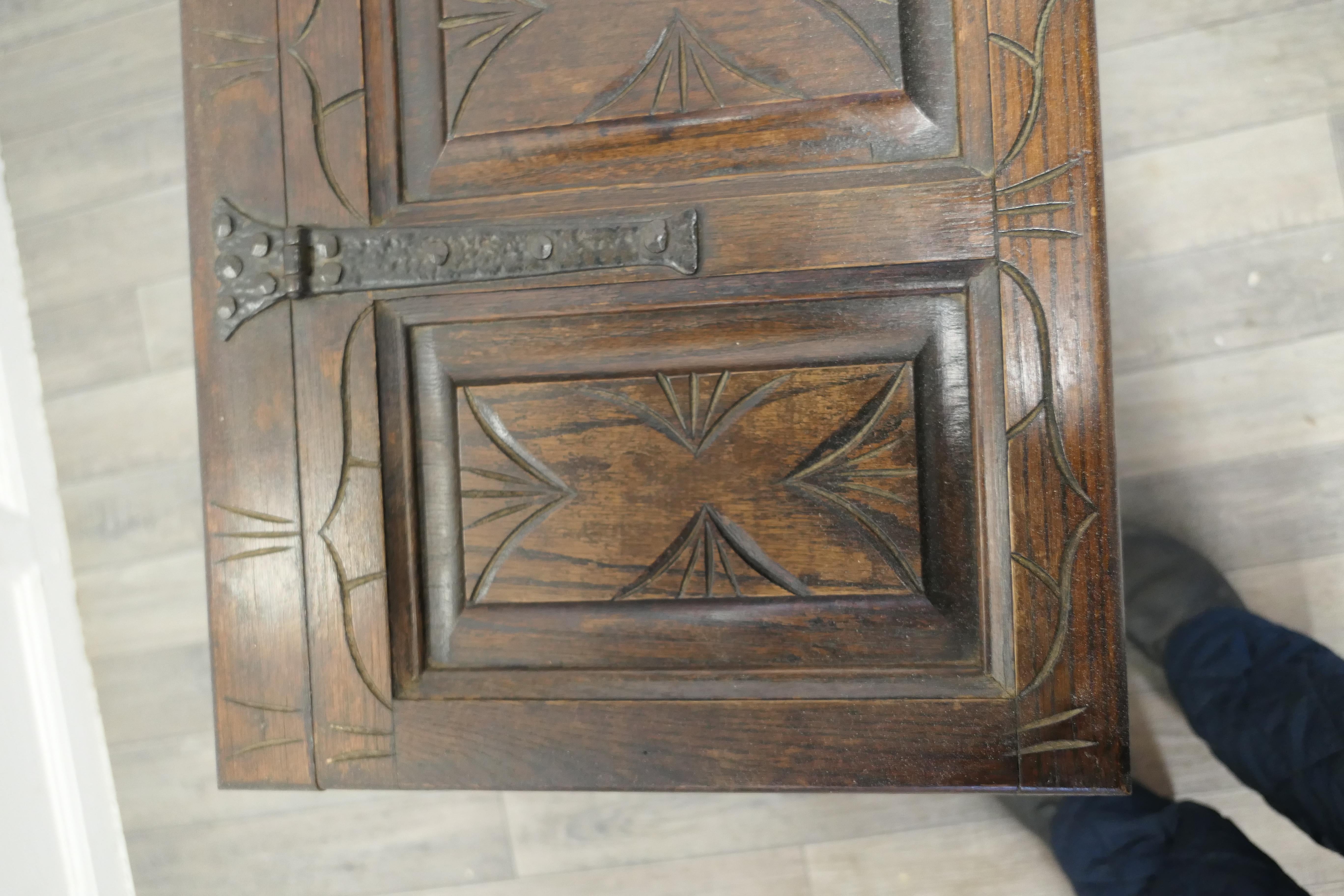 20th Century  Arts and Crafts Gothic Carved Panelled Oak Coffer 