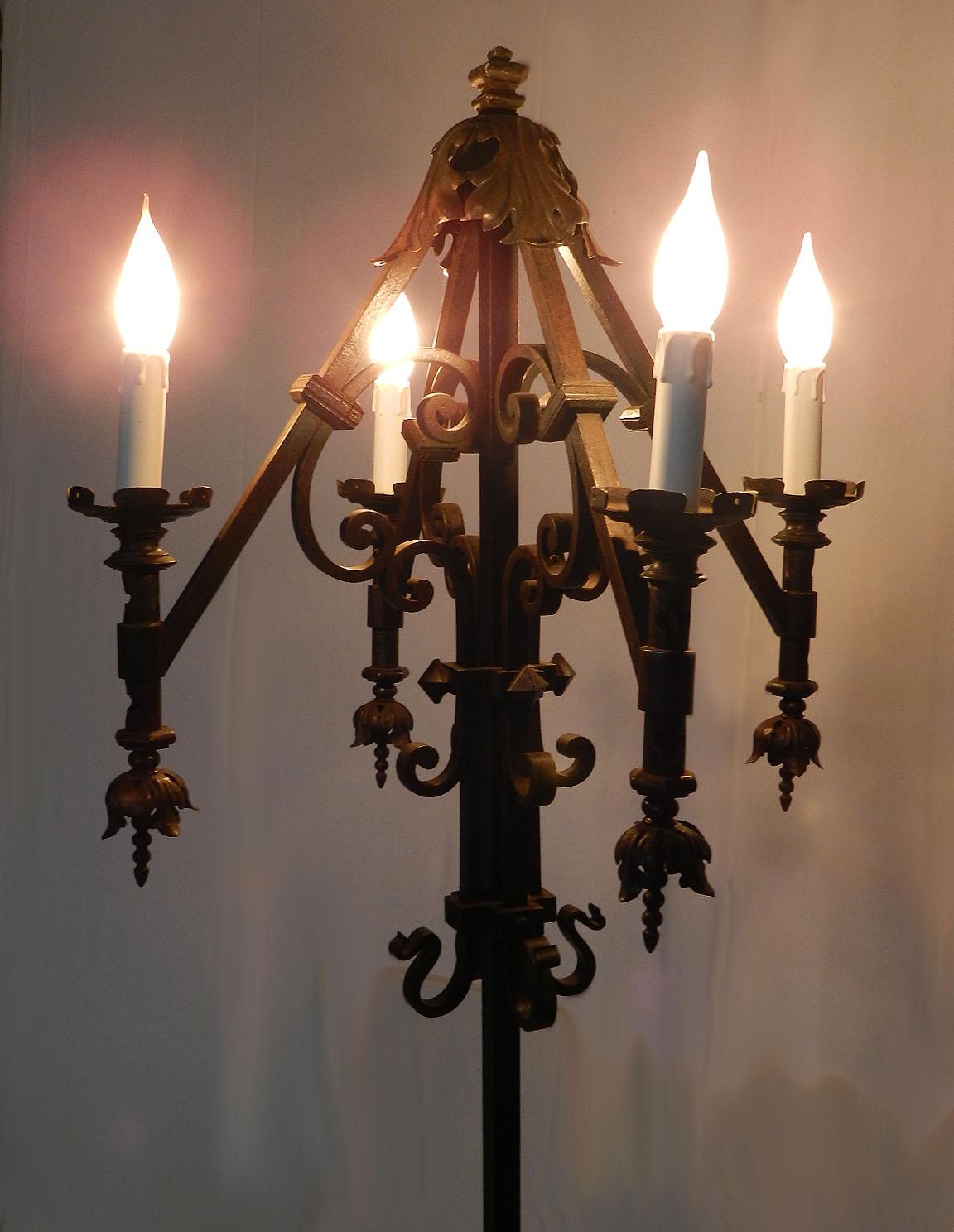 Arts and Crafts Floor Lamp Gothic Revival, circa 1920 wrought iron 
stunning and original
Four candle sleeve lights 
This can easily be re-wired and tested to USA or European standards.