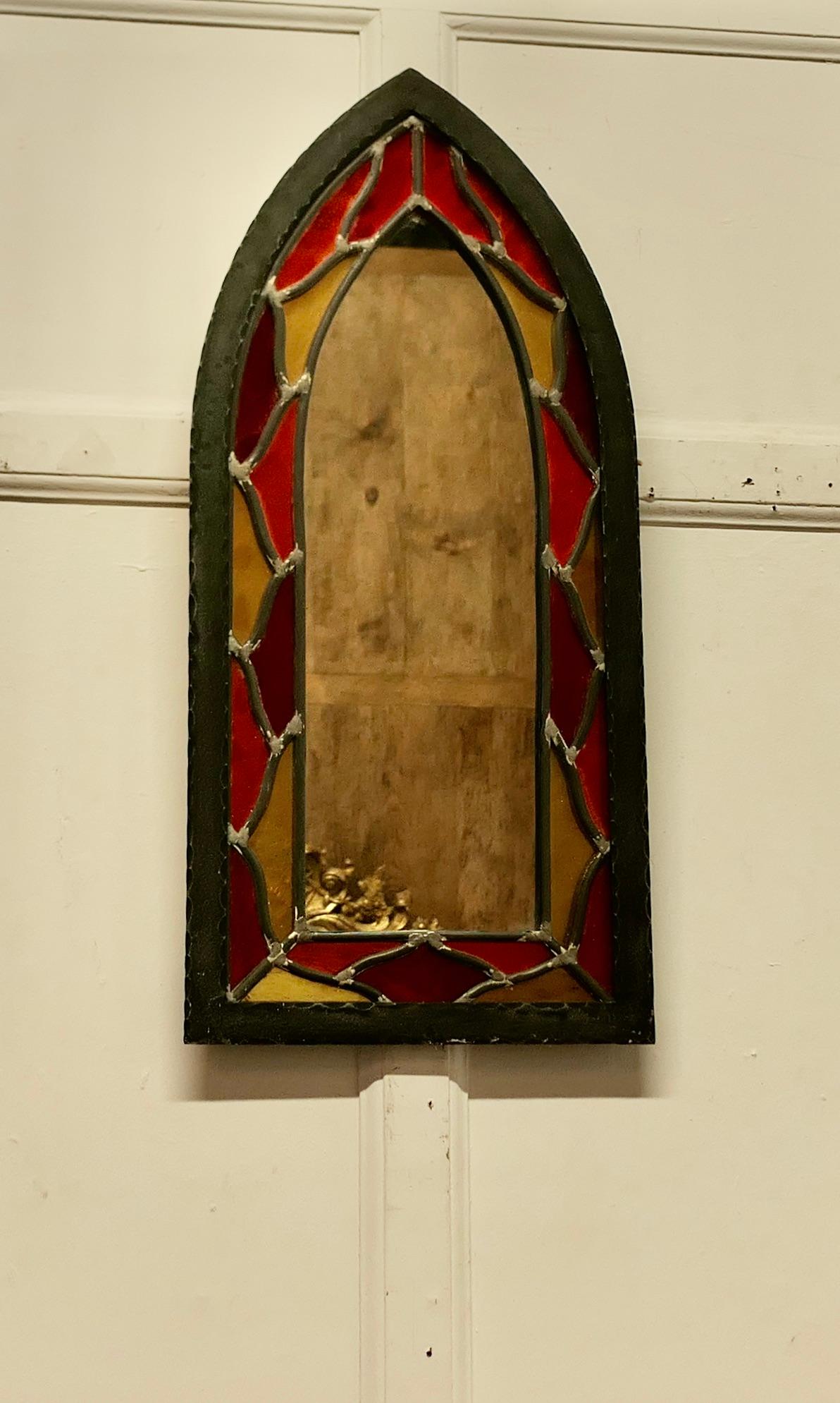 Mid-20th Century Arts and Crafts Gothic Stained Glass Church Window Mirror For Sale