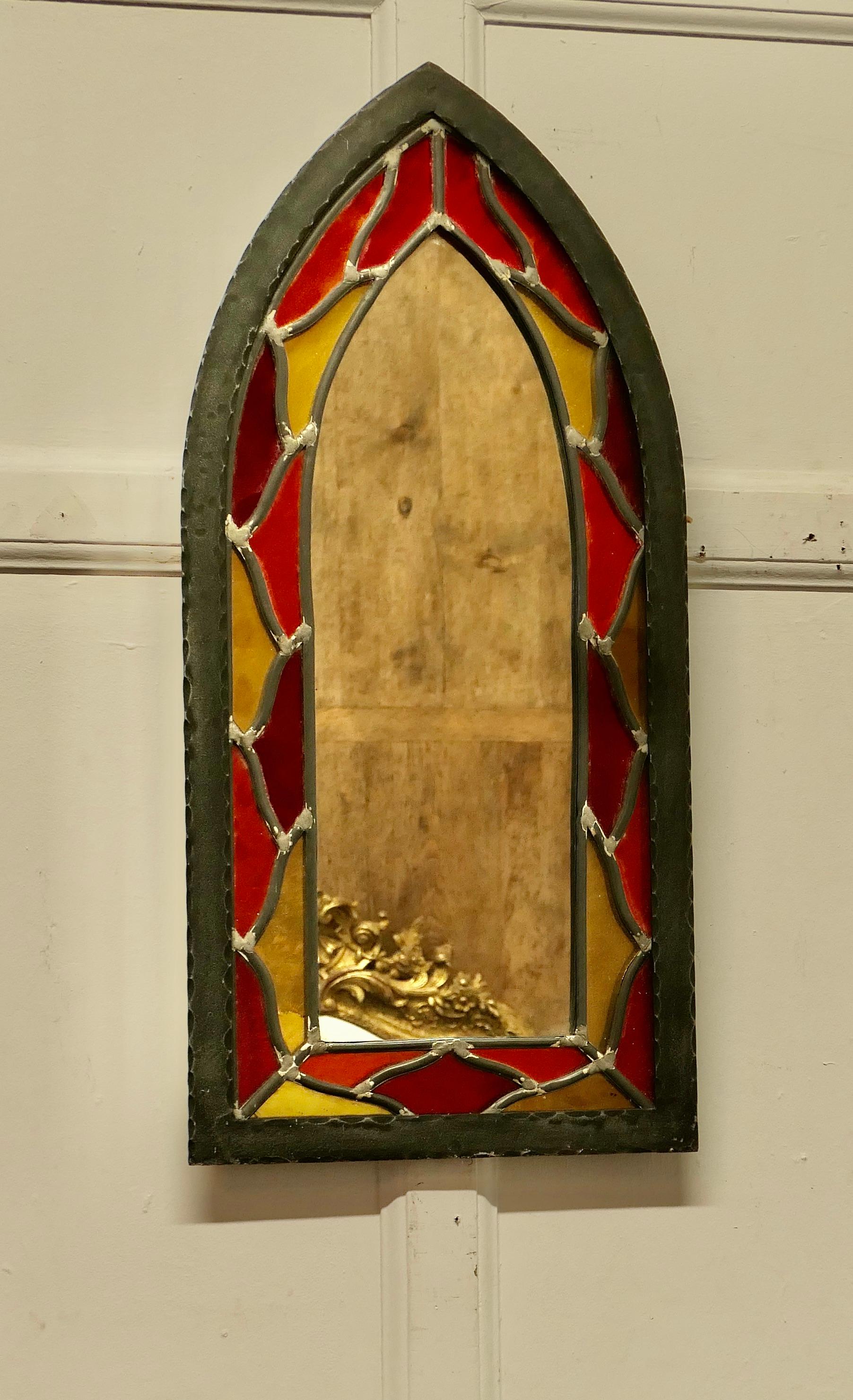 Arts and Crafts Gothic Stained Glass Church Window Mirror For Sale 1