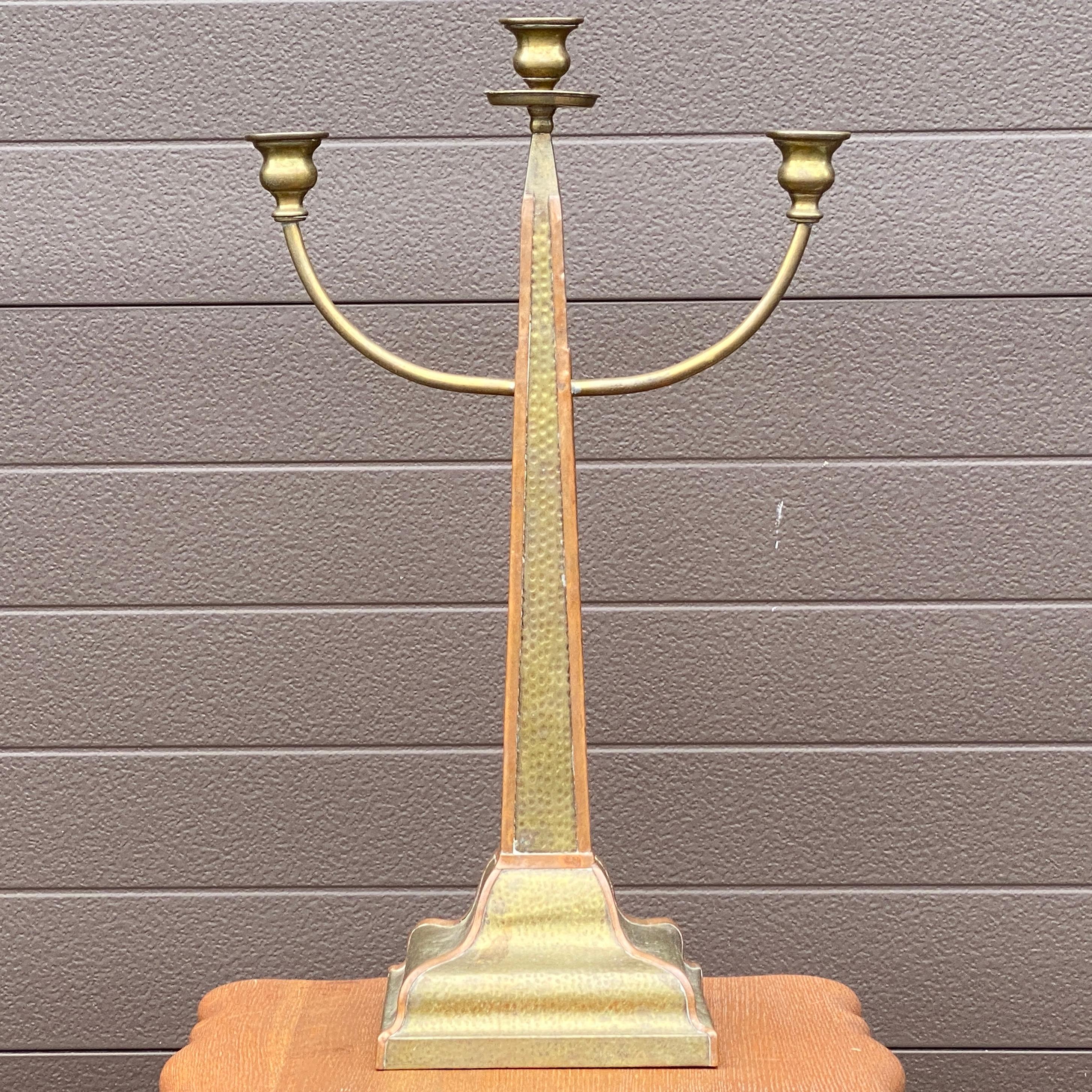 Arts and Crafts Hammered Brass Copper Obelisk Candelabra For Sale 8