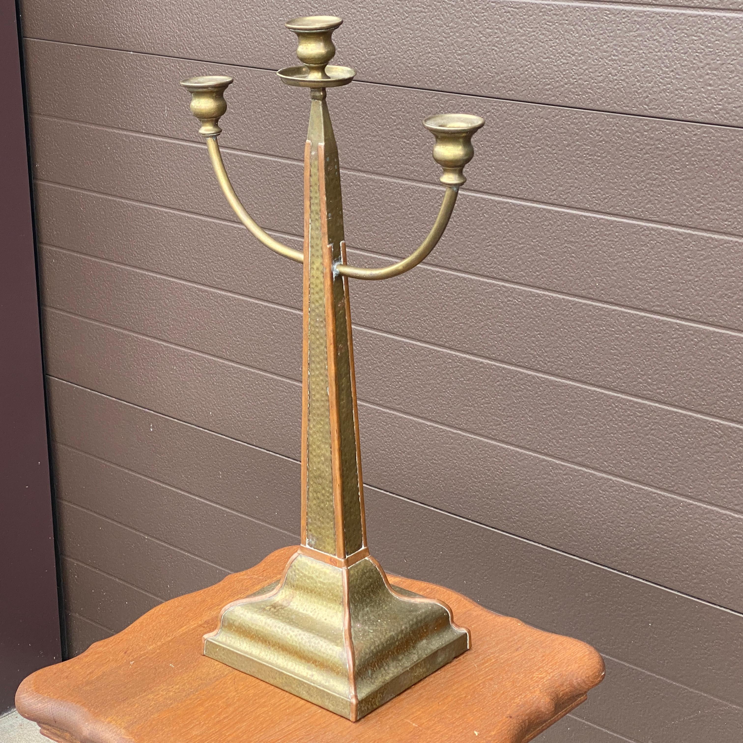 Unknown Arts and Crafts Hammered Brass Copper Obelisk Candelabra For Sale