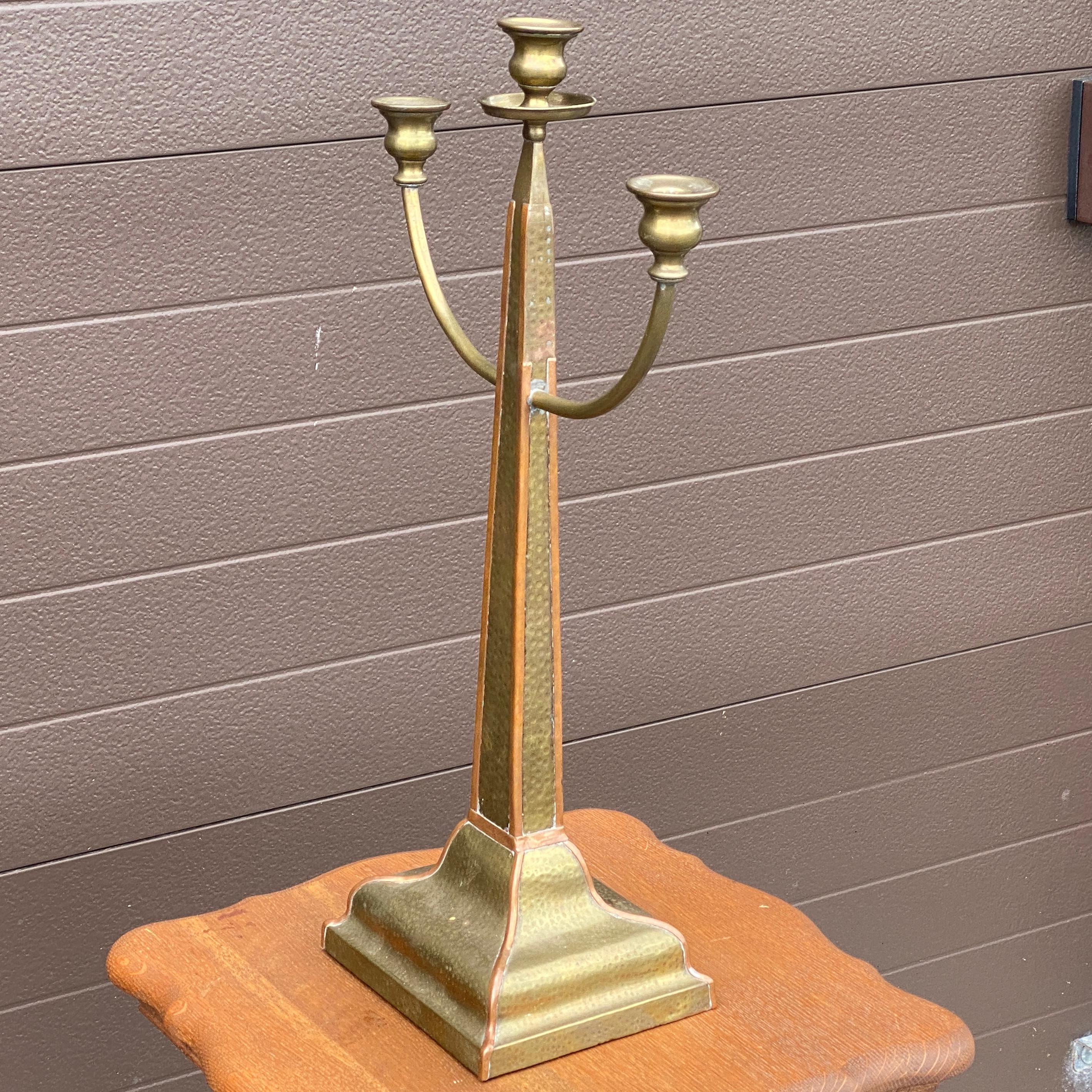 Arts and Crafts Hammered Brass Copper Obelisk Candelabra For Sale 1