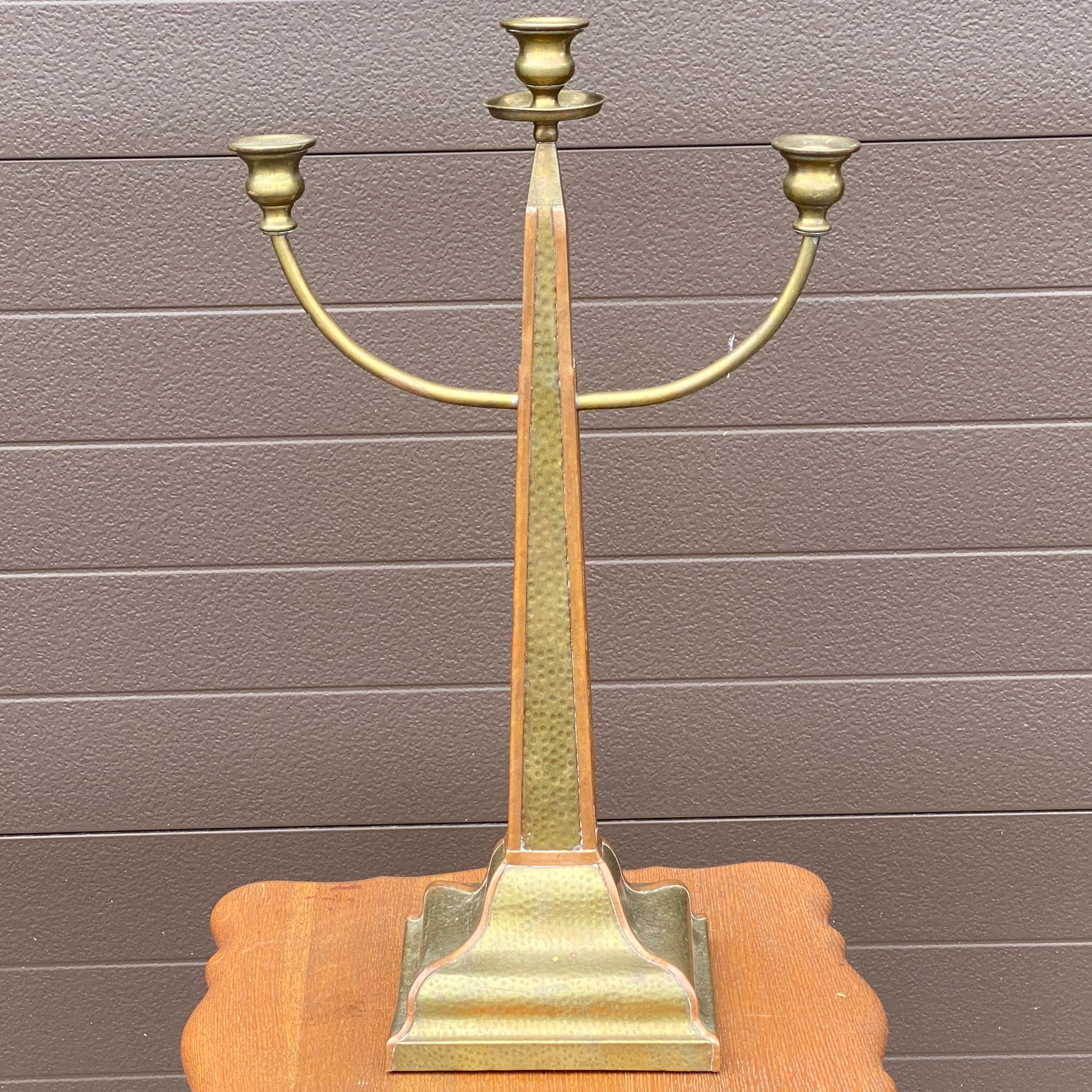 Arts and Crafts Hammered Brass Copper Obelisk Candelabra For Sale 2