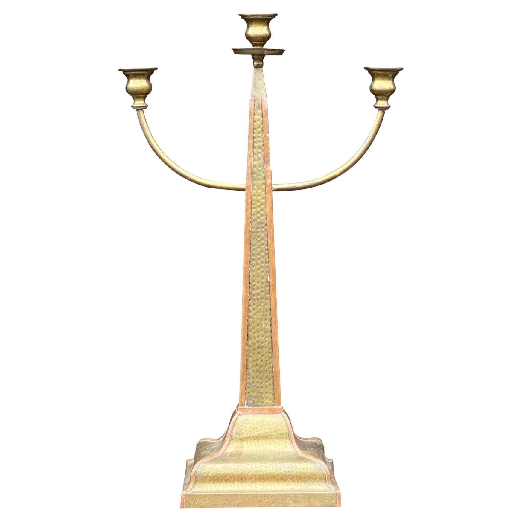 Arts and Crafts Hammered Brass Copper Obelisk Candelabra