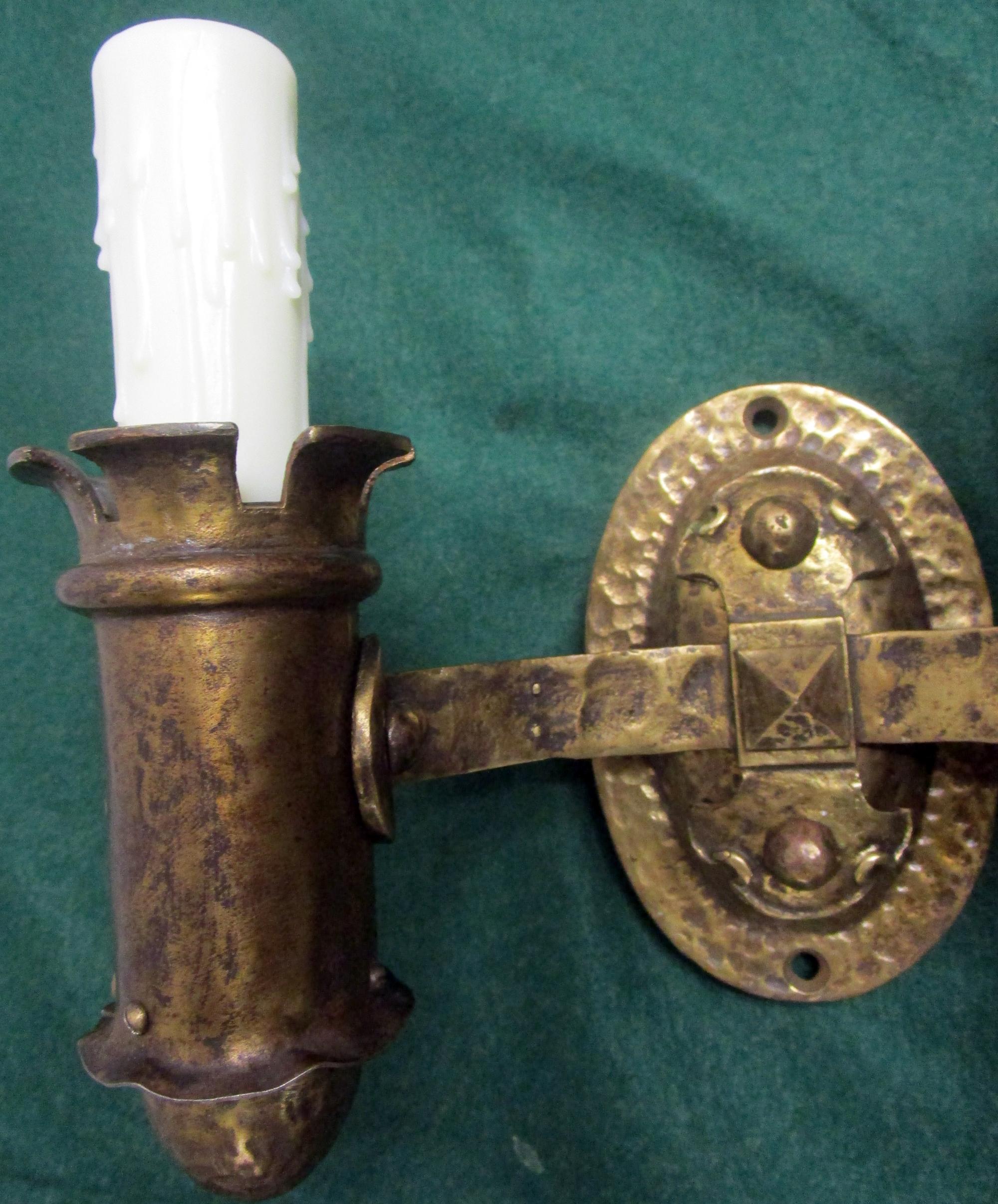 American Arts & Crafts Hammered Brass Double Candle Sconces by Biddle and Gaumer For Sale