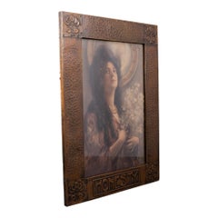 Arts and Crafts Hammered Copper Frame with Pre-Raphaelite Maiden