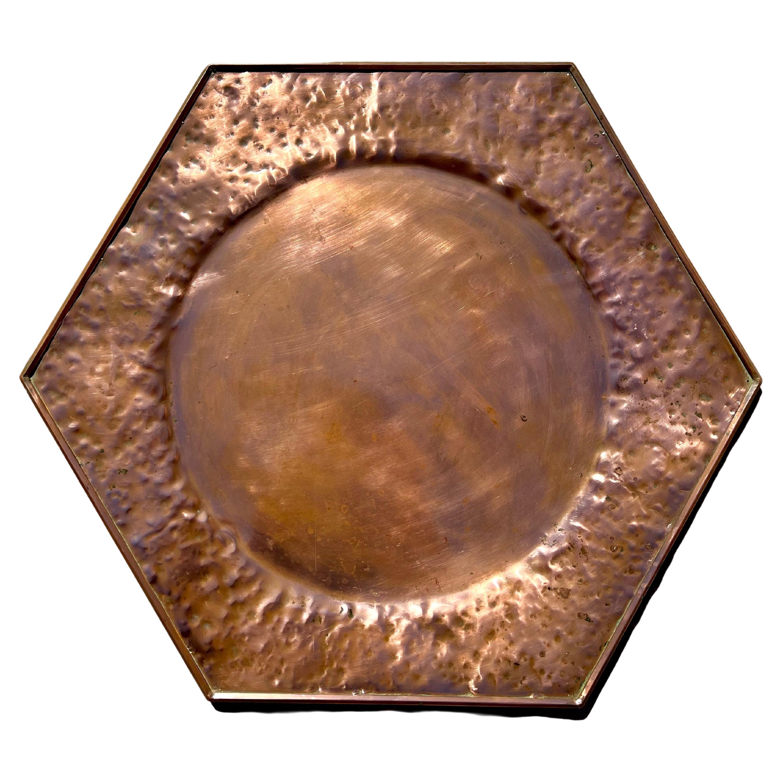 Arts and Crafts Hammered Copper Hexagonal Tray For Sale