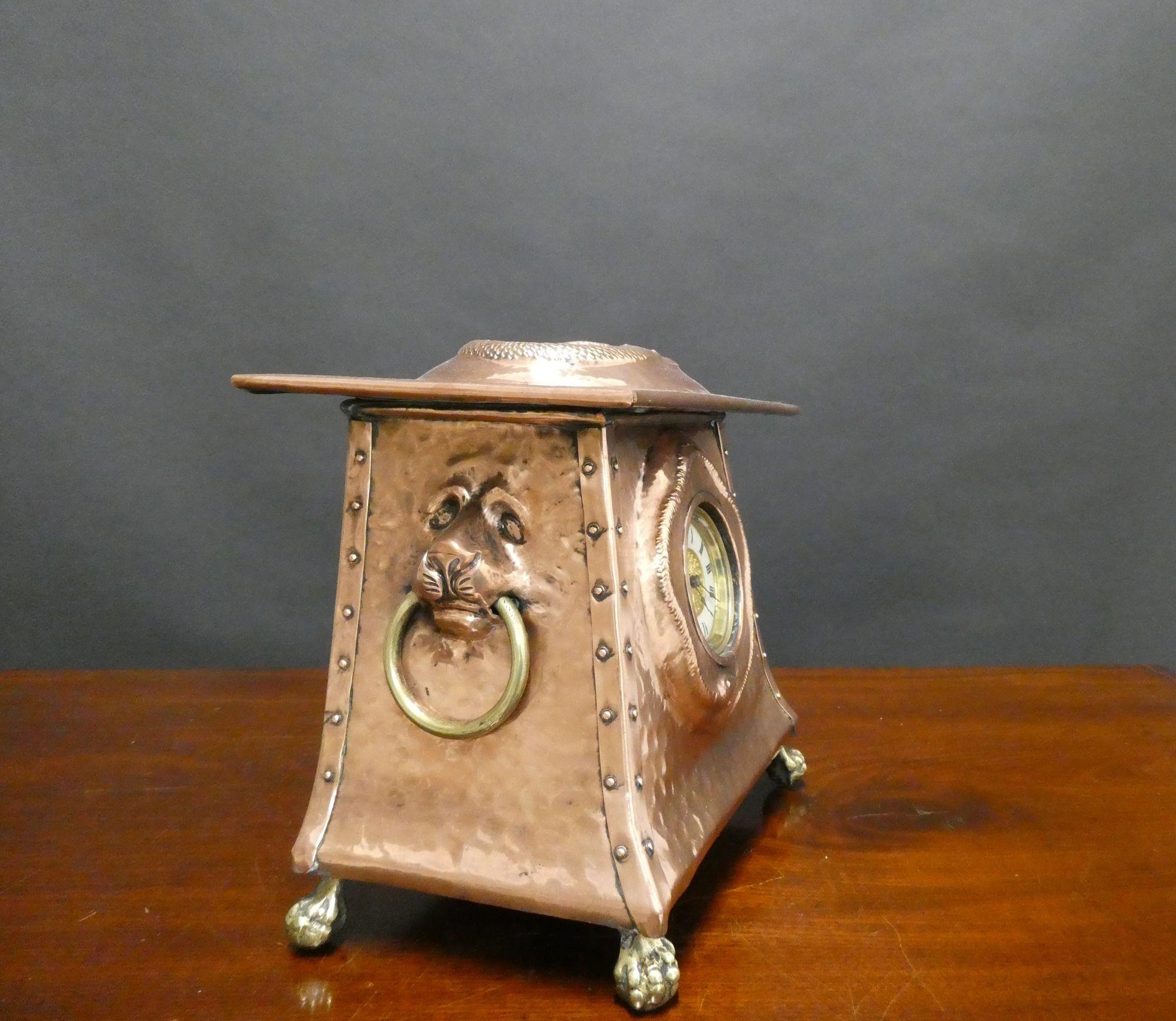 Arts and Crafts Hammered Copper Mantel Clock In Good Condition For Sale In Norwich, GB