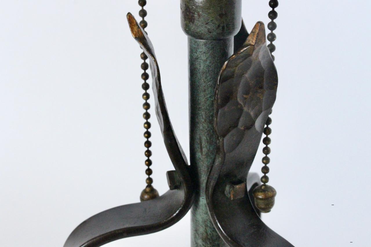 Arts & Crafts Hand Forged Brass & Iron Verdigris Table Lamp, C. 1920s For Sale 2