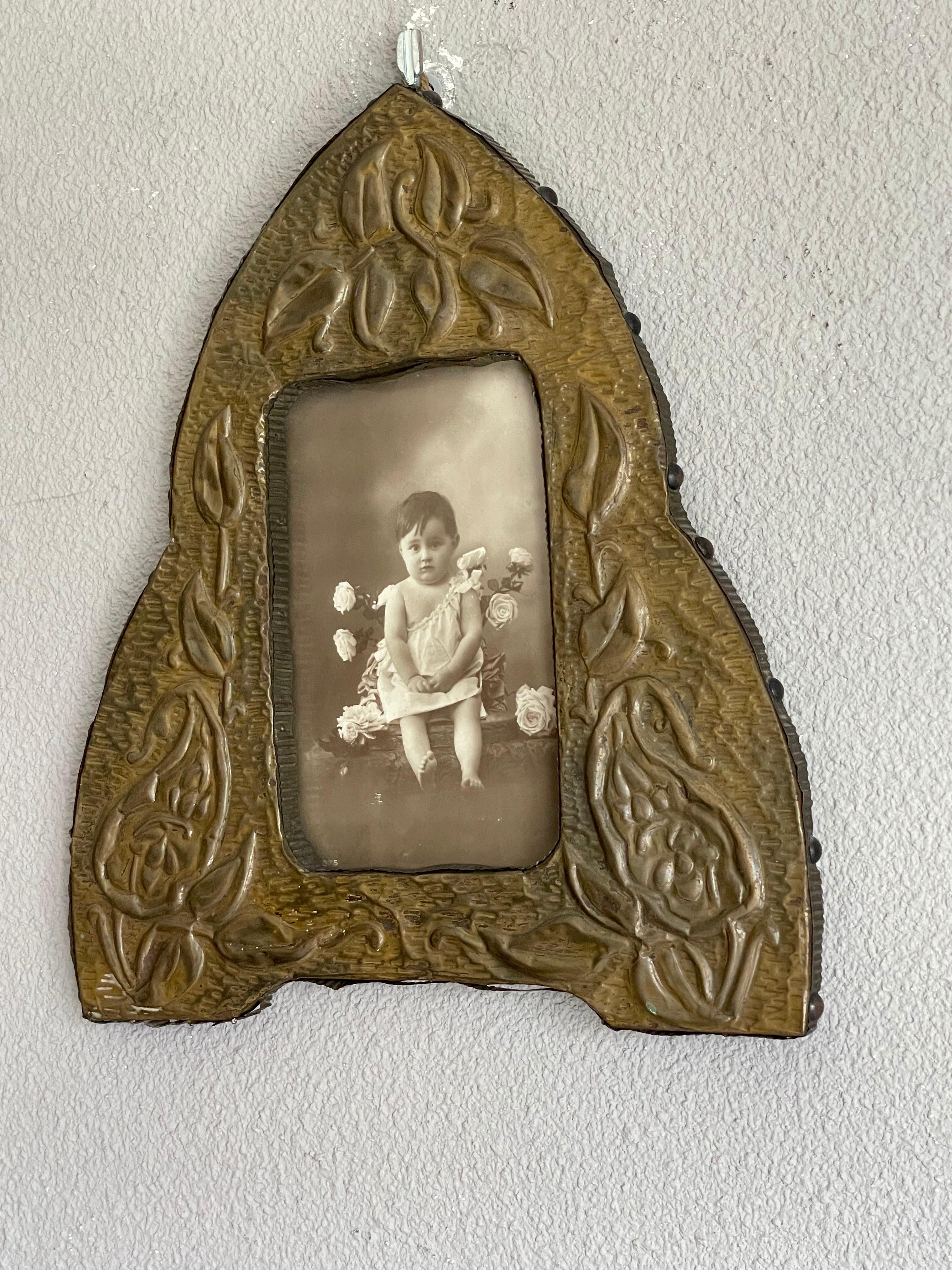 Arts and Crafts Hand Hammered & Embossed Copper Table and Wall Picture Frame Set 1