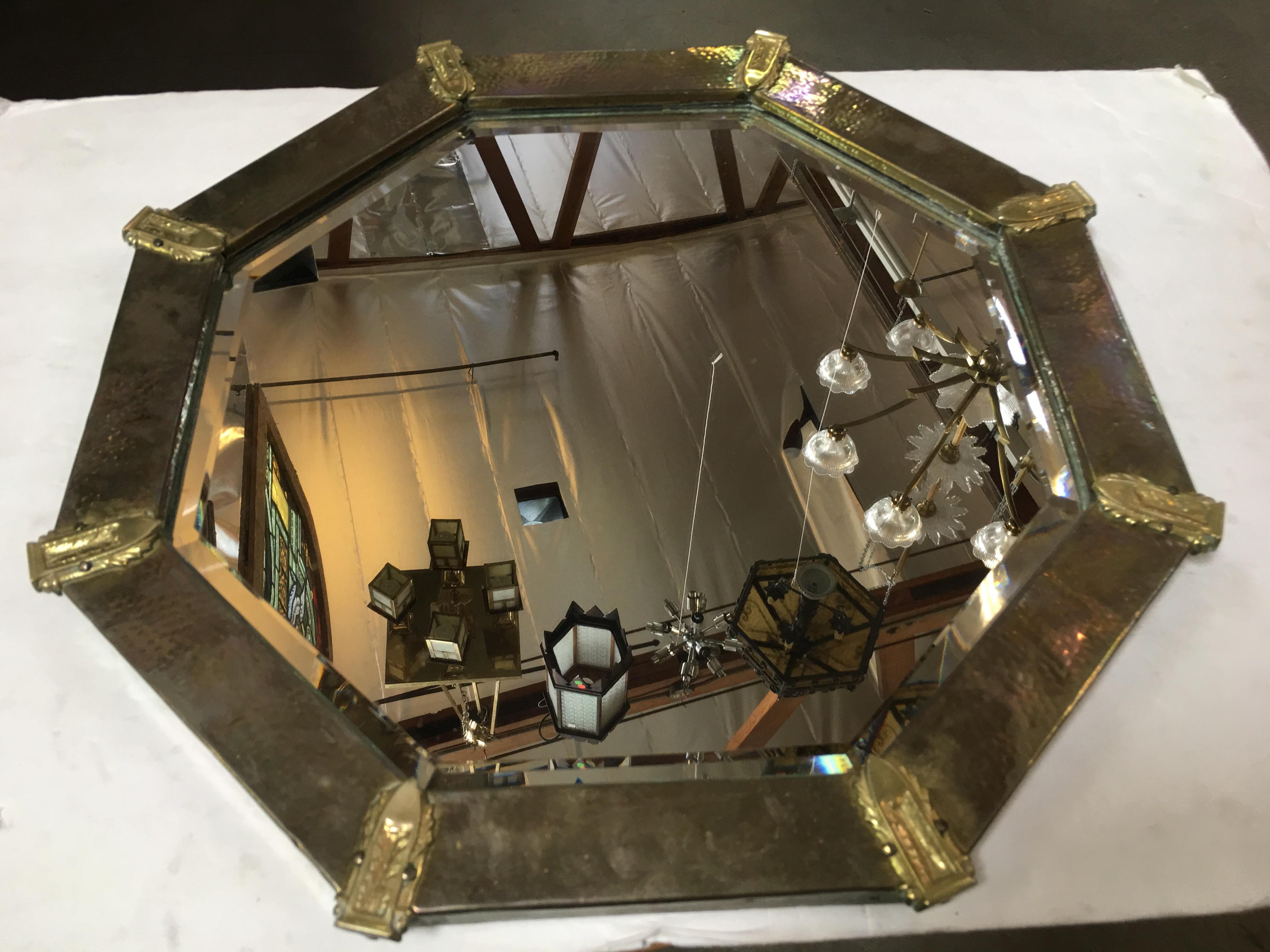 Arts & Crafts Hand Hammered Octagon Copper Mirror In Excellent Condition For Sale In Van Nuys, CA