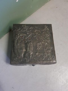 Arts & Crafts Hand-Hammered Pewter Box with Owls and signed M L H, circa 1900